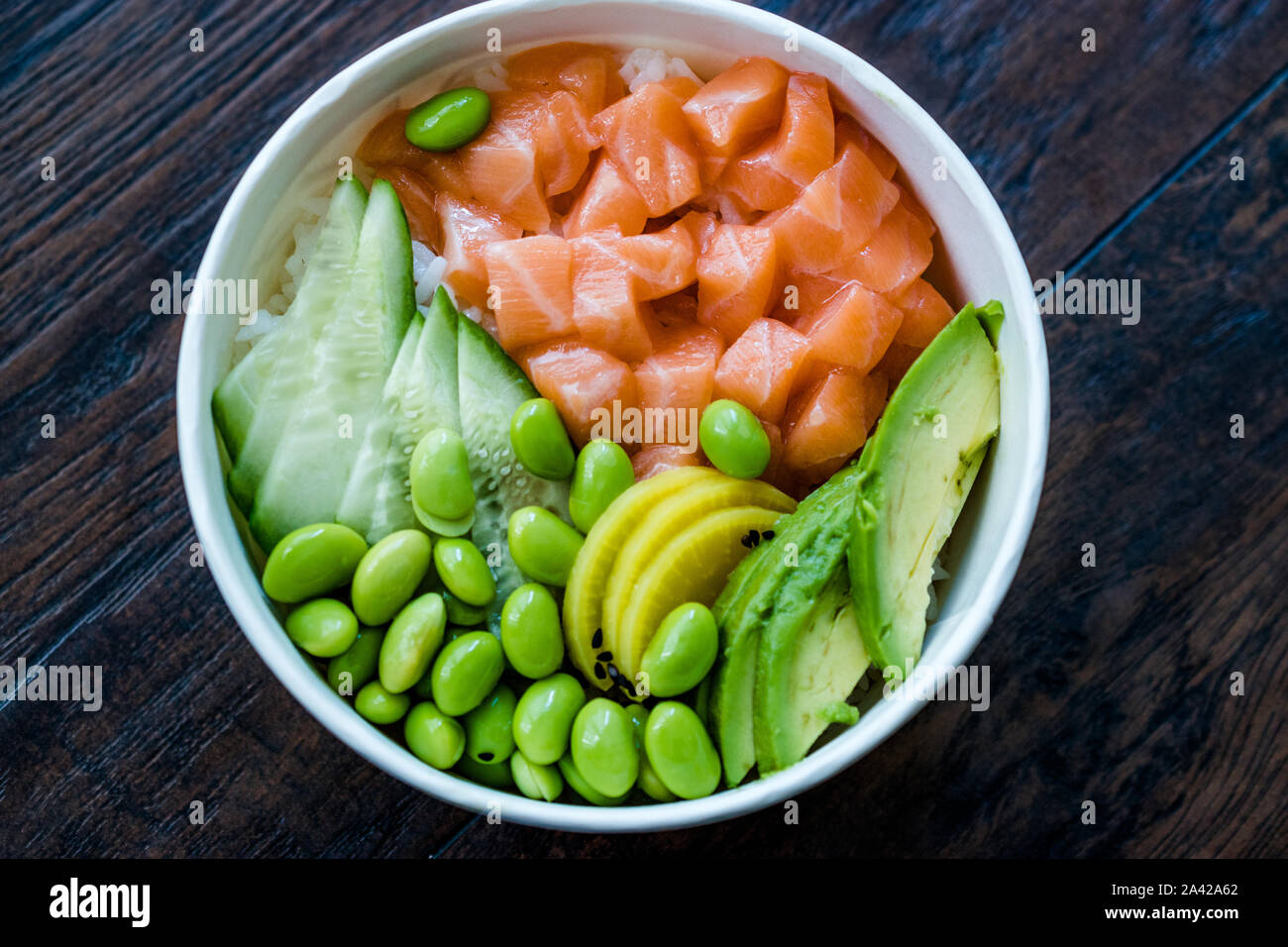 Hawaiian Poke Bowl with Salmon, Edamame, Takuan, Avocado, Cucumber