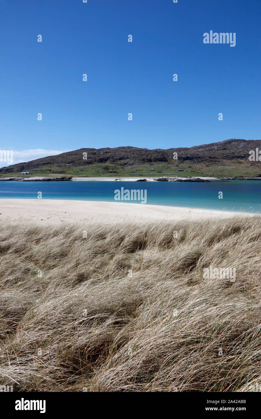 View out from Traigh Mheilein beach to the island of Scarp, Isle of Harris, Outer Hebrides, Scotland, UK Stock Photo