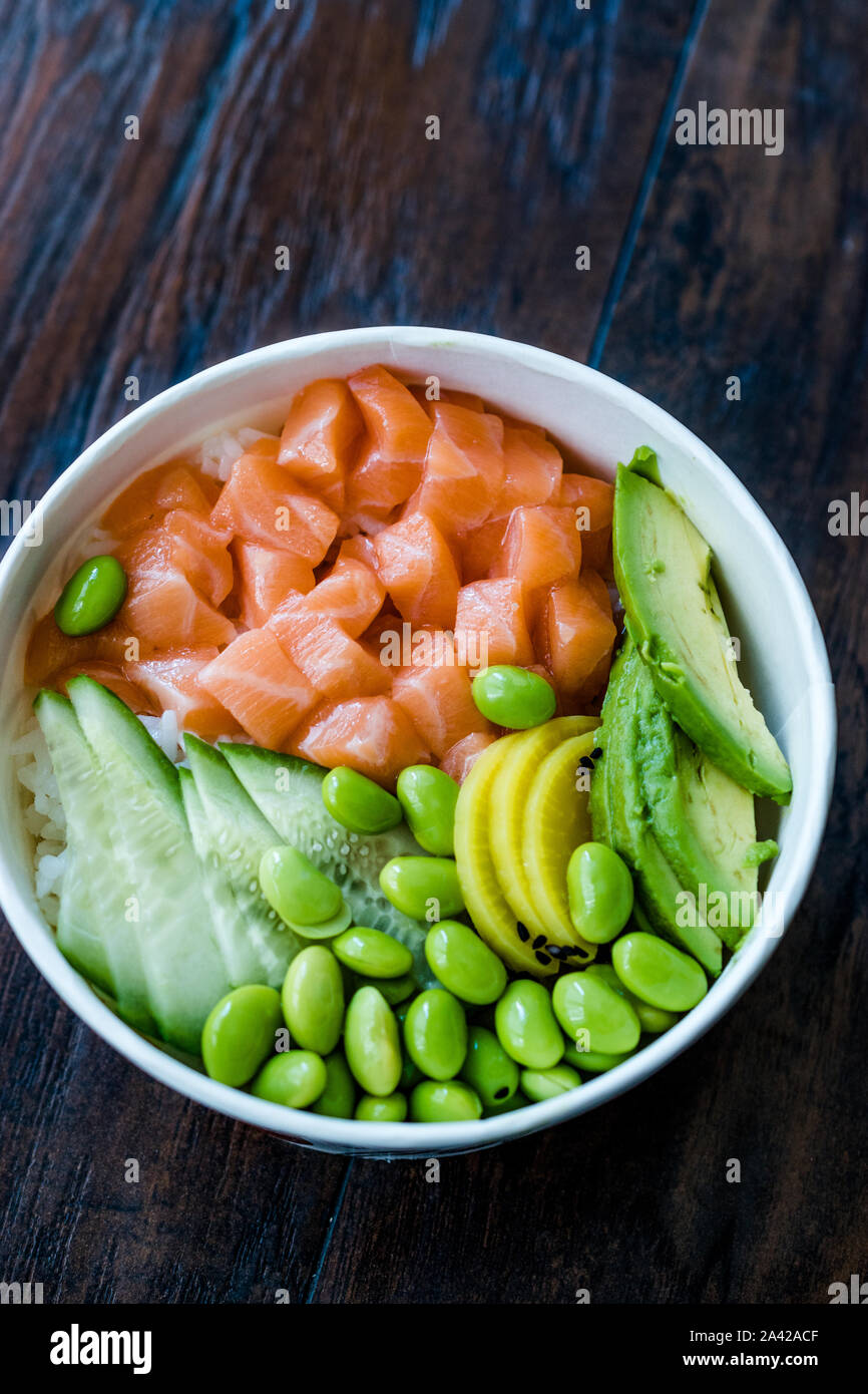 Hawaiian Poke Bowl with Salmon, Edamame, Takuan, Avocado, Cucumber
