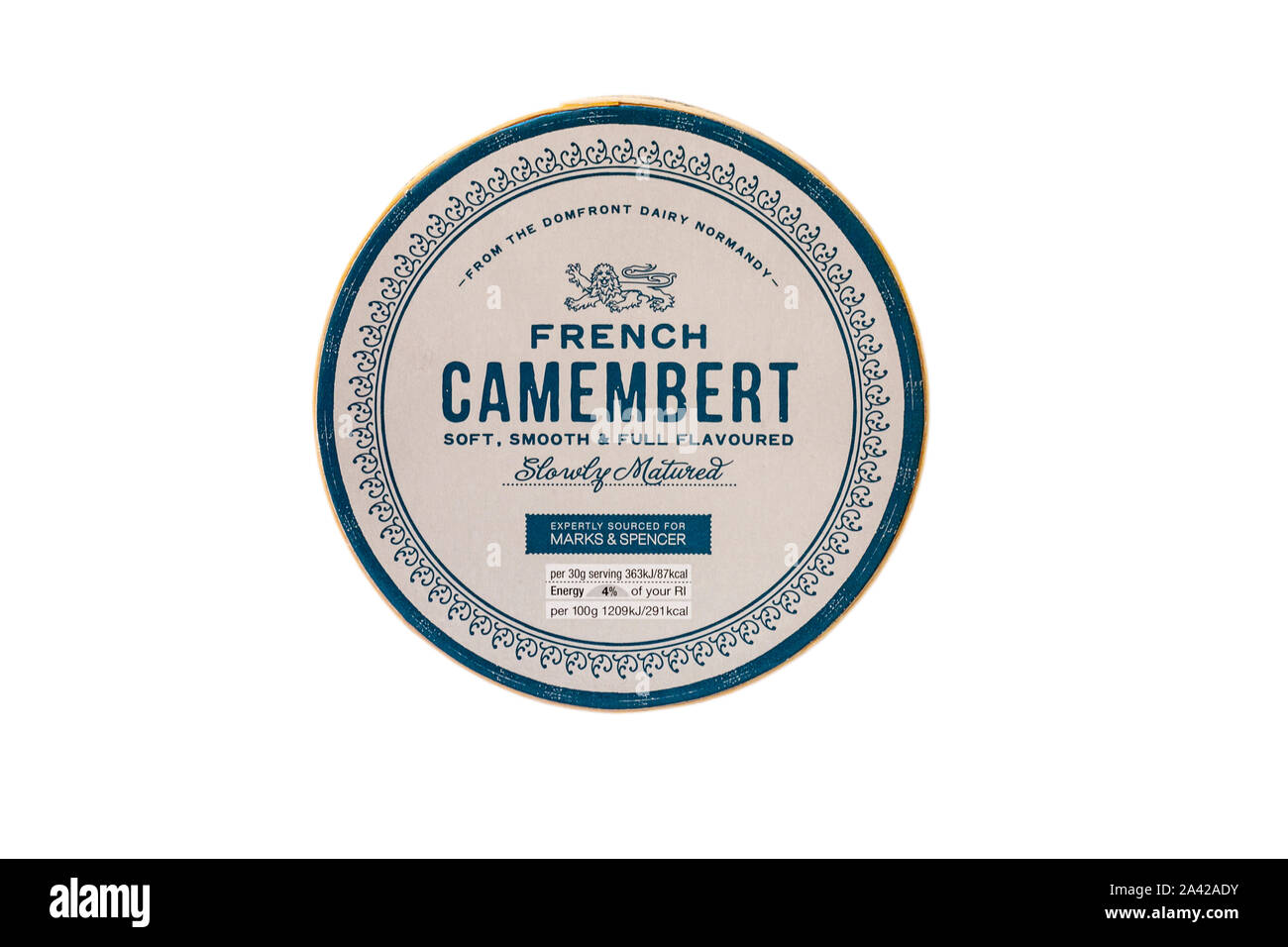 French Camembert soft smooth & full flavoured slowly matured expertly sourced for Marks & Spencer isolated on white background Stock Photo