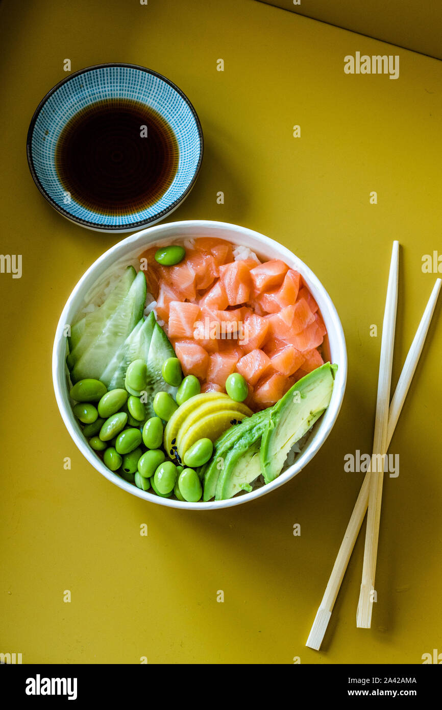Hawaiian Poke Bowl with Salmon, Edamame, Takuan, Avocado, Cucumber