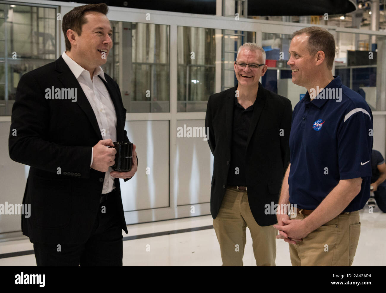 Hawthorne, United States. 11th Oct, 2019. NASA Administrator Jim Bridenstine, right, speaks to SpaceX Chief Engineer Elon Musk, during a tour of the SpaceX Headquarters on October 10, 2019, in Hawthorne, CA. NASA Photo by Aubrey Gemignani/UPI Credit: UPI/Alamy Live News Stock Photo