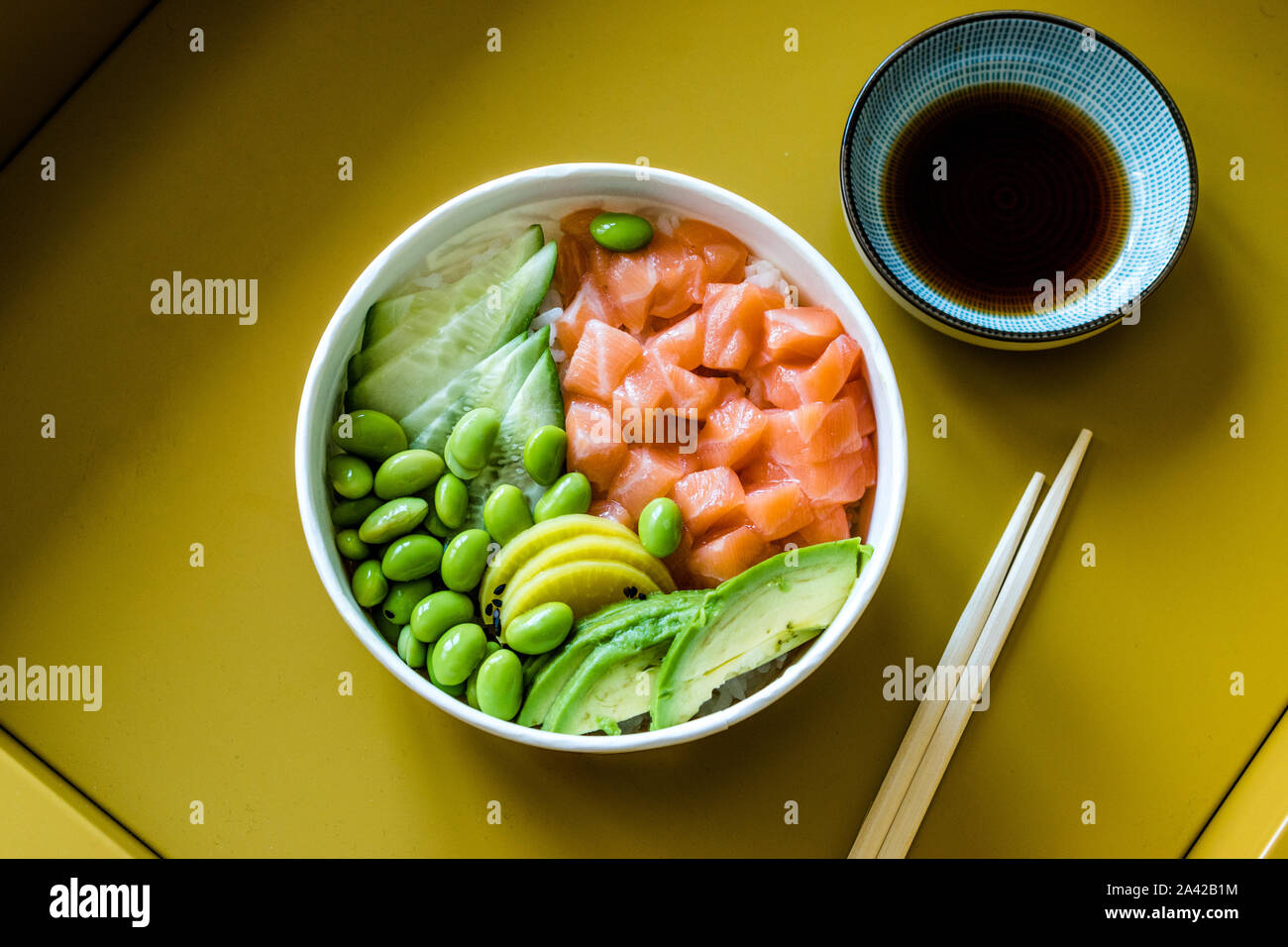 Hawaiian Poke Bowl with Salmon, Edamame, Takuan, Avocado, Cucumber