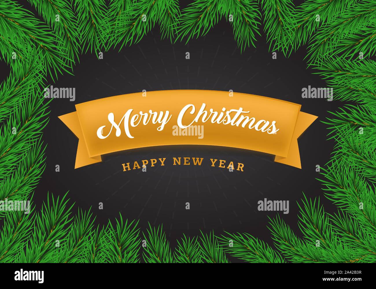 Christmas greetings flat banner template. Yellow ribbon with calligraphy inscription on black background. Winter holidays postcard design layout with realistic fir tree branches frame Stock Vector