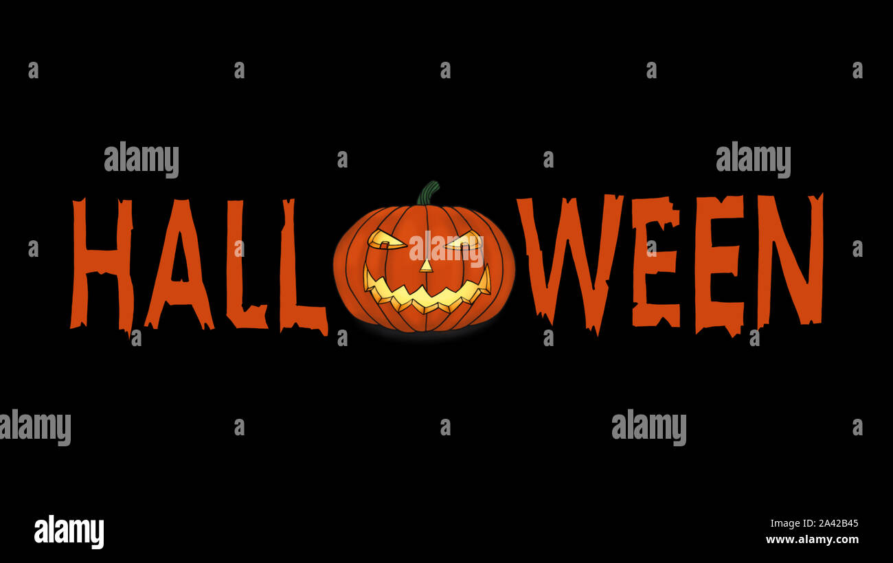 Scary Halloween Text with spooky grinning Pumpkin isolated on Black Background. Can be used for invitation, poster, title card, postcard, etc. Stock Photo