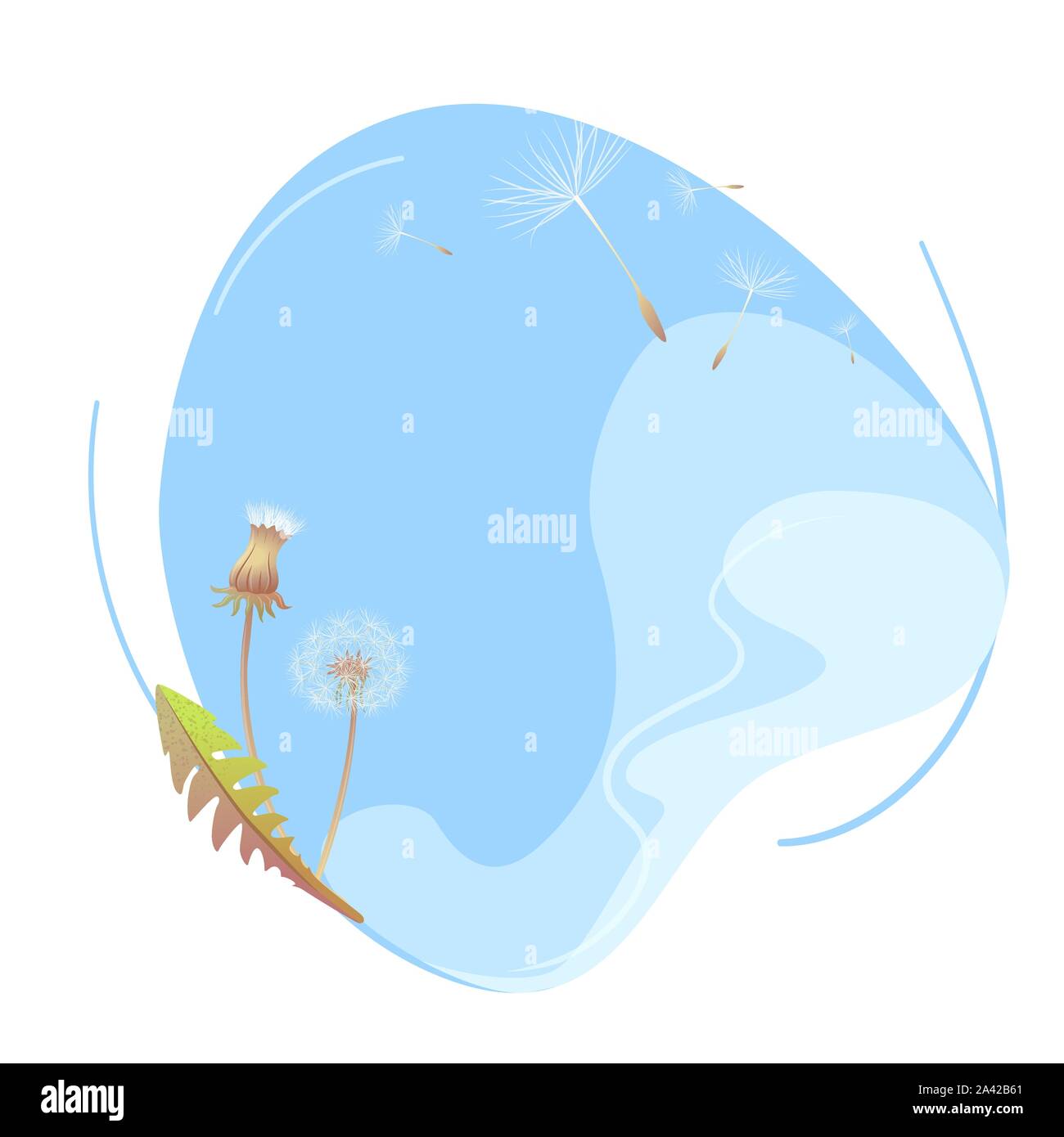 Liquid sky with dandelions seeds concept. Copy space Season Outdoor abstract vector illustration. Summer nature background round shape. Organic design template in flat style on isolated white backdrop. Stock Vector