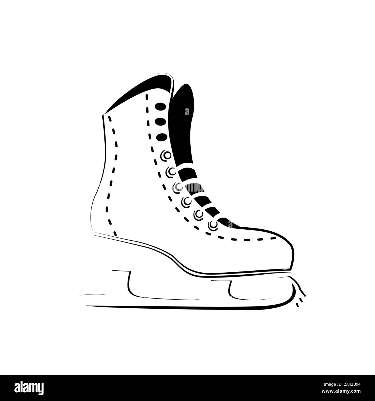 Ice skate icon logo. Figure skating symbol outline drawing, stylized thin line, sketch. Winter sport activity design. Isolated vector sign on white background. Stock Vector