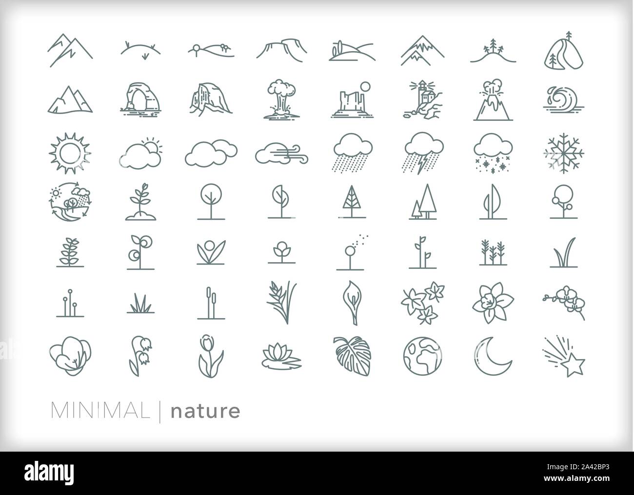 Set of 50+ nature line icons of plants, trees, flowers, weather, landscapes, mountains and National Park sites Stock Vector