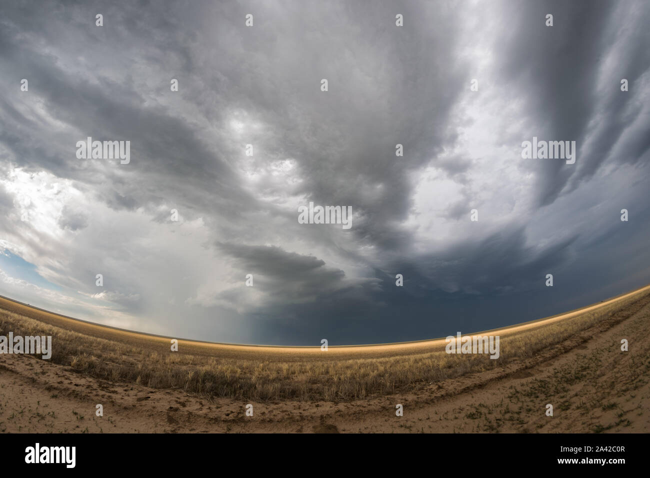 Fish eye lens view of a supercell thunderstorm at the border of the Oklahoma panhandle and northwest Texas Stock Photo