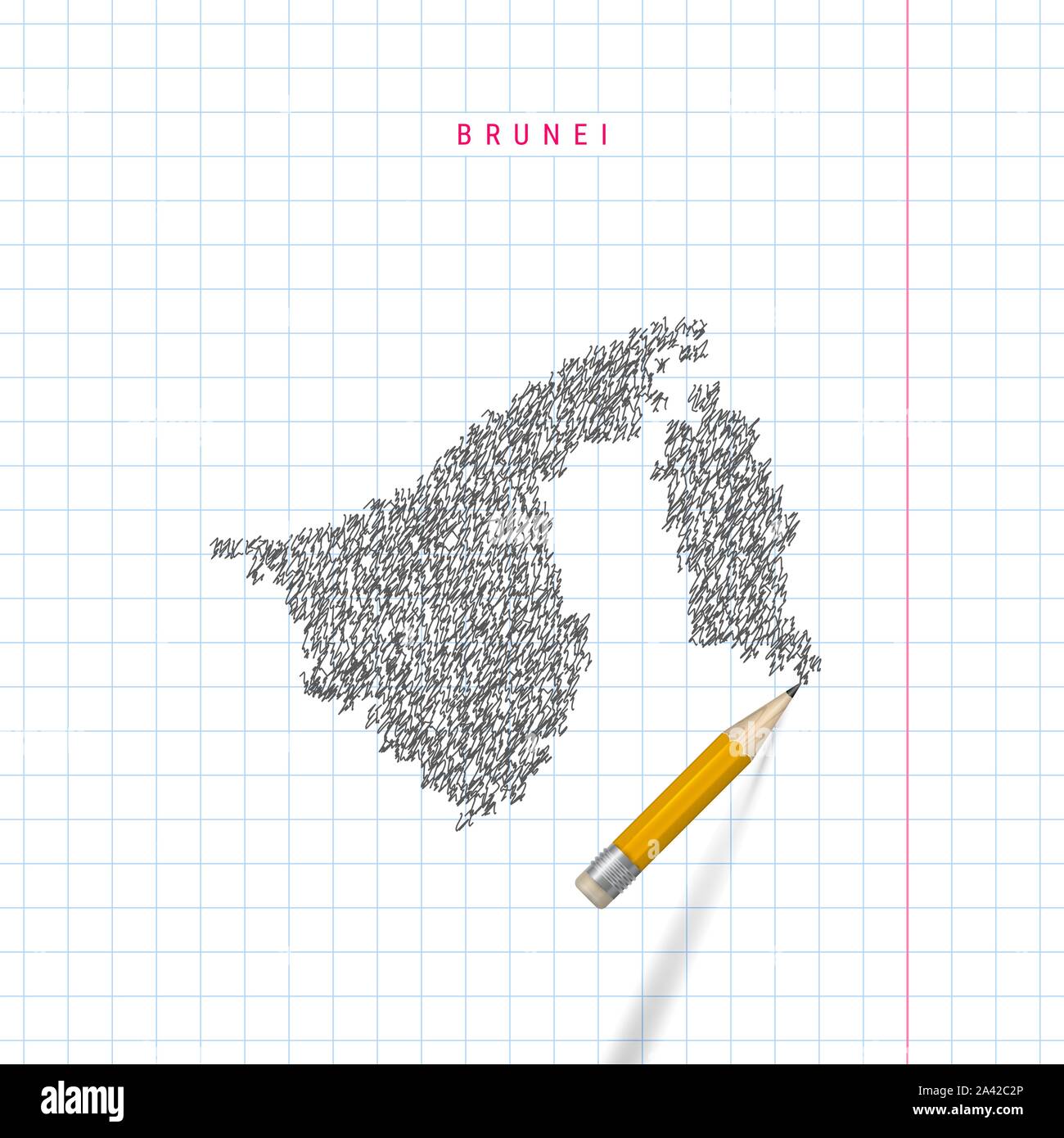 Brunei sketch scribble map drawn on checkered school notebook paper ...