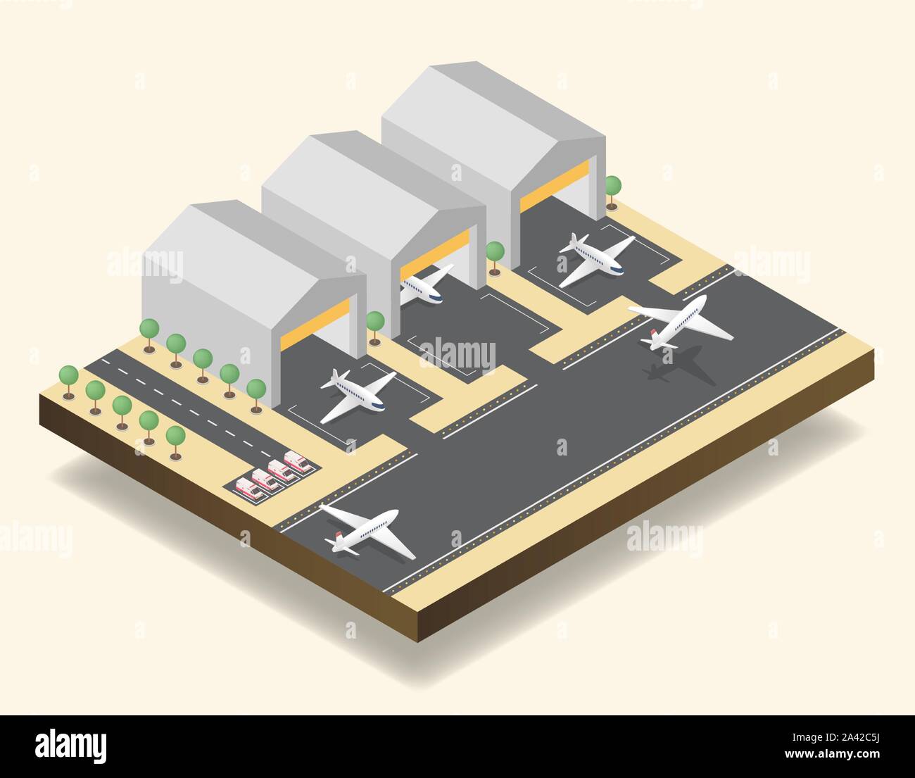 Airport runway, airfield isometric vector illustration. Modern air transportation business, aviation industry, commercial airline 3D design element. Cargo planes taking off, hangars and ambulance cars Stock Vector