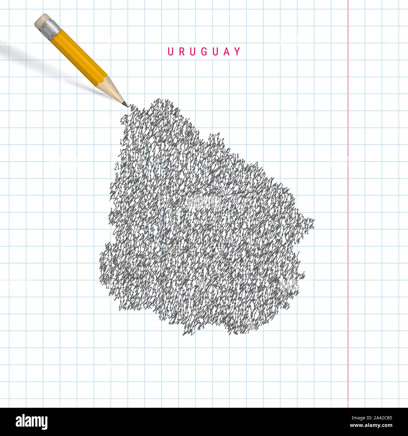 Uruguay sketch scribble map drawn on checkered school notebook paper ...