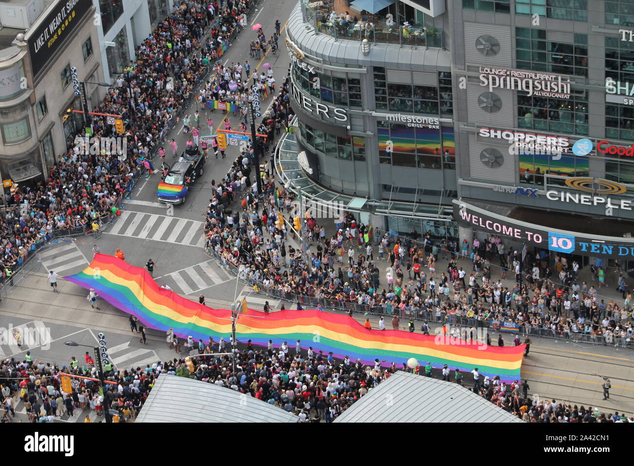 Toronto, Canada - June 25, 2017: Aerial View of Pride Parade at Yonge-Dundas Square Stock Photo