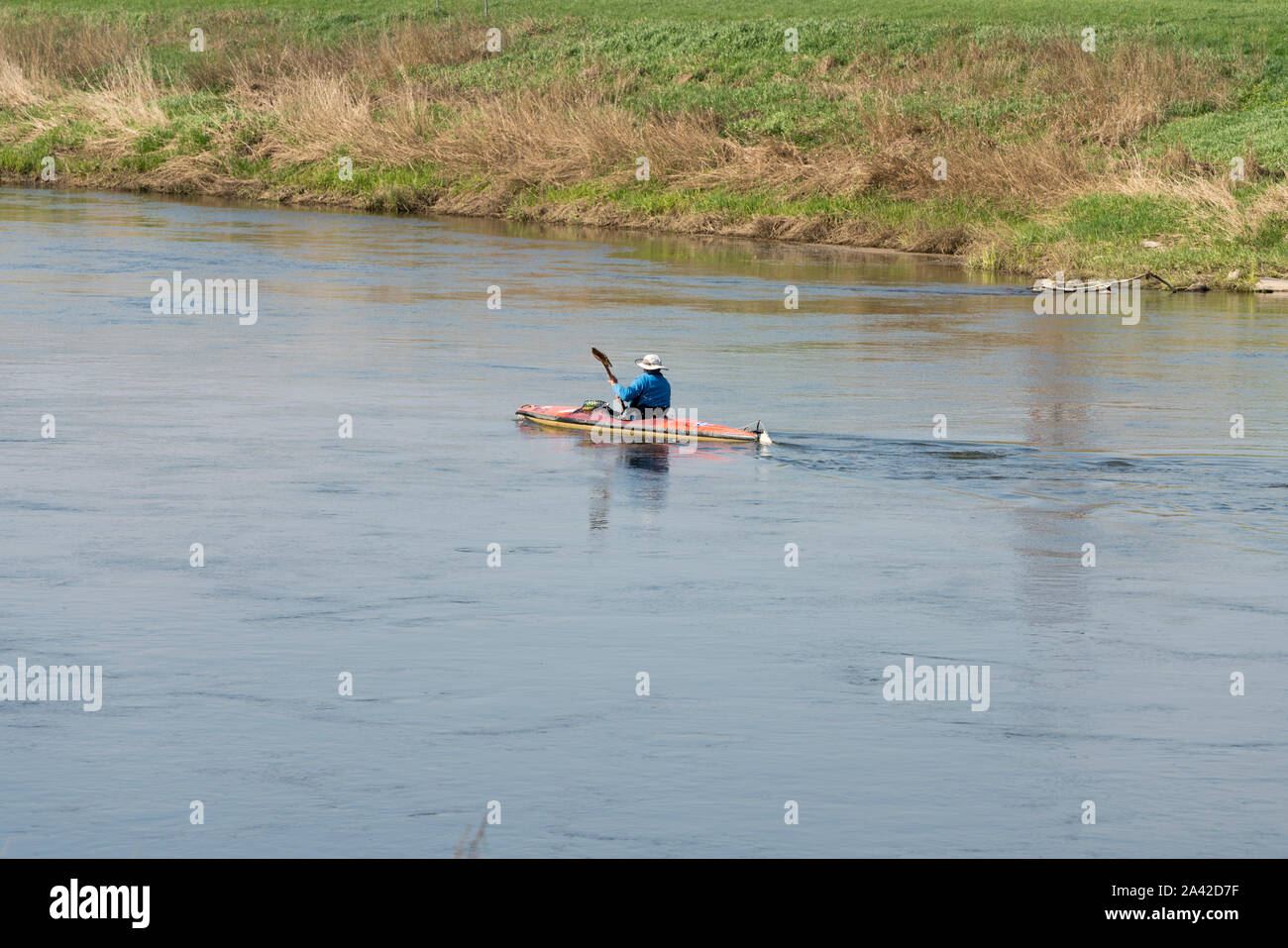 Canoe paddler on Weser river, Oberweser, Upper Weser Valley,  Weser Uplands, Hesse, Germany, Europe Stock Photo