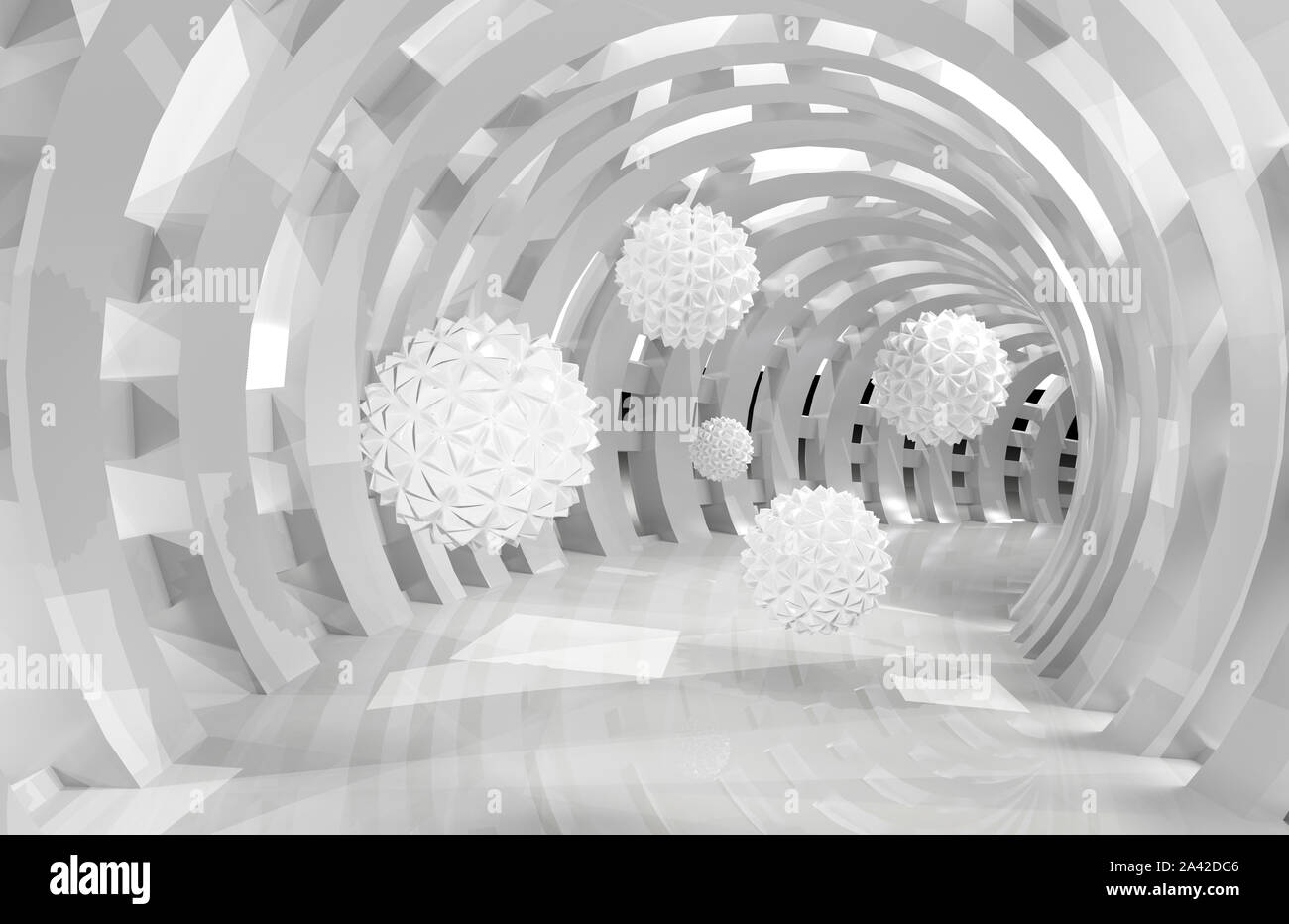 3d wall with round tunnel and flying 3d balls Stock Photo