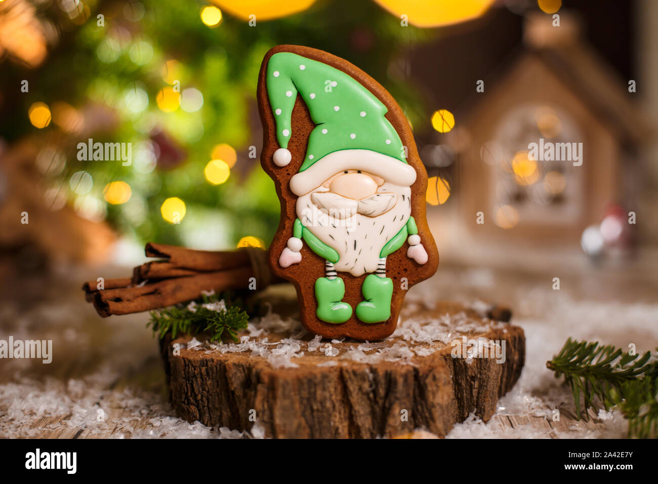 Holiday traditional food bakery. Gingerbread little fairytale gnome in