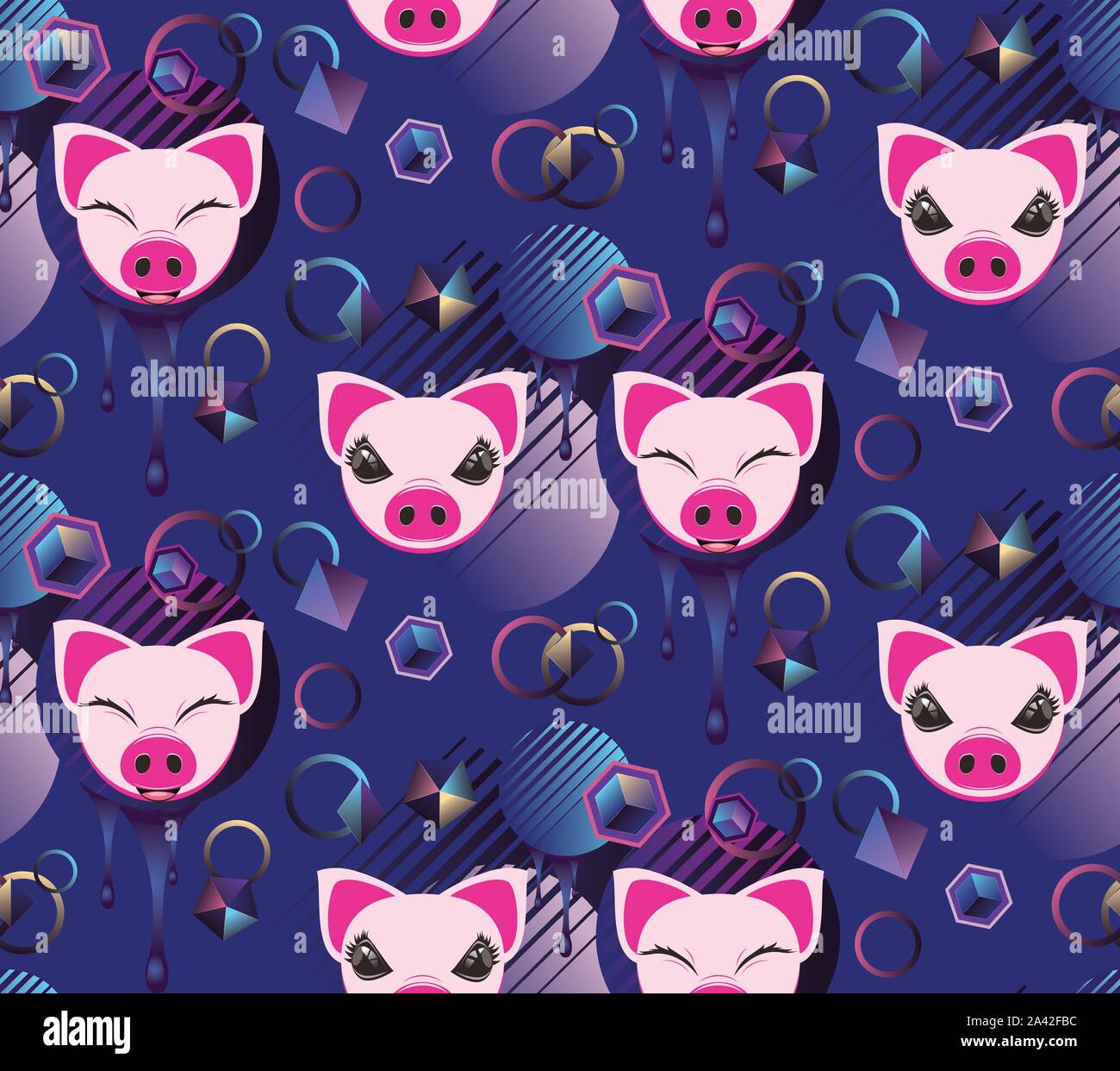 Decorative pattern design with cute pig, abstract background. Stock Vector