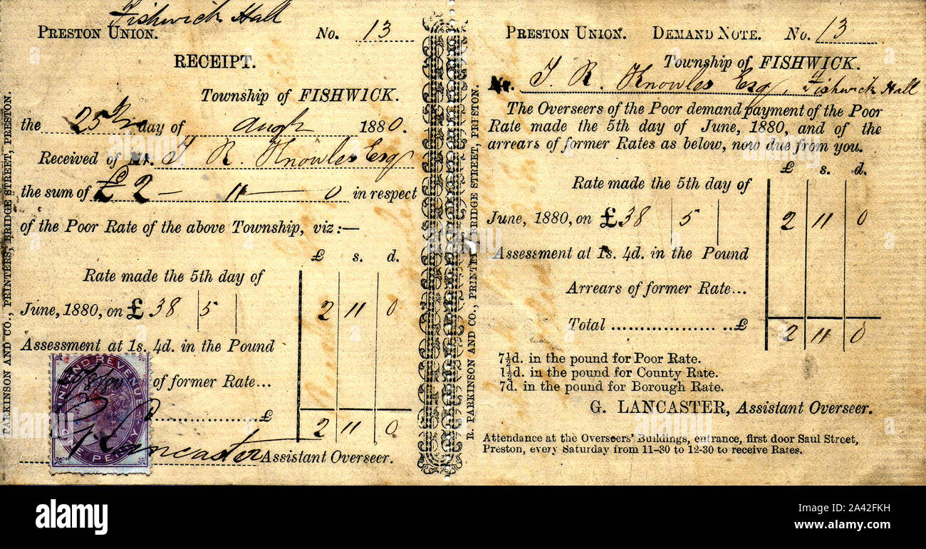 Poor Law rate  demand and receipt for Fishwick, Preston, UK  1880, demanded of Thomas  Rigby  Knowles Esquire of Fishwick Hall by G Lancaster, Assistant Overseer. It was in effect  a tax on property levied in each parish, which was used to provide poor relief. Stock Photo