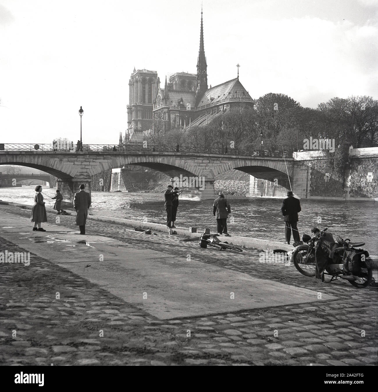 1950s, historical, parisian men fishing by the riverbank of the Seine at Pont de I'Archeveche, Paris, France, with the Notre-dame Catherdral in the background. Constructed in 1828, the 'Archbishop's Bridge' was built for the society 'Pont des Invalides' after the demolition of the suspension bridge at Les Invalides. Stock Photo