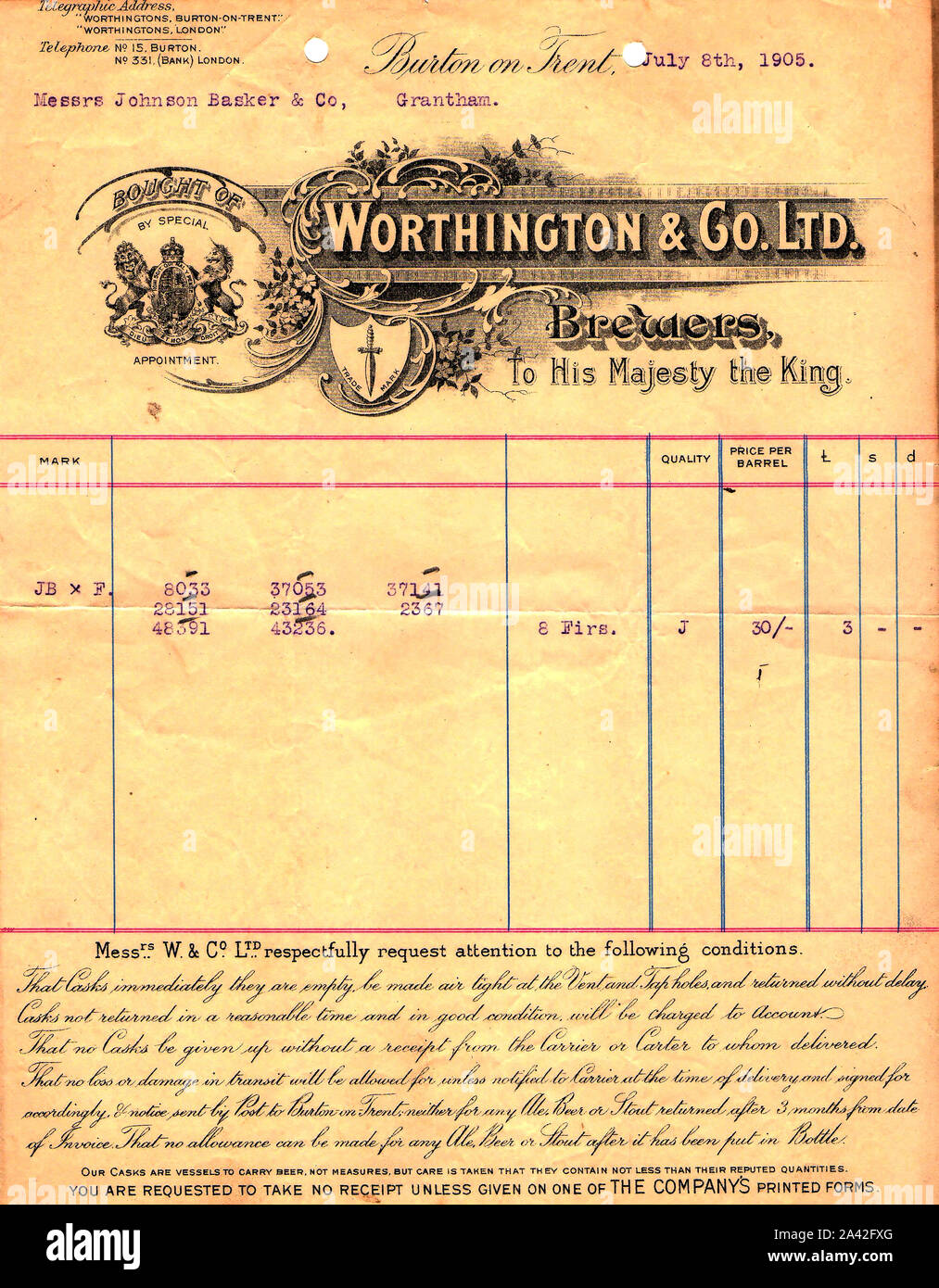 1905  A Worthington brewery letterhead  / billhead (Burton on Trent, England showing they were brewers to the Royal family. (Established 1761) Stock Photo