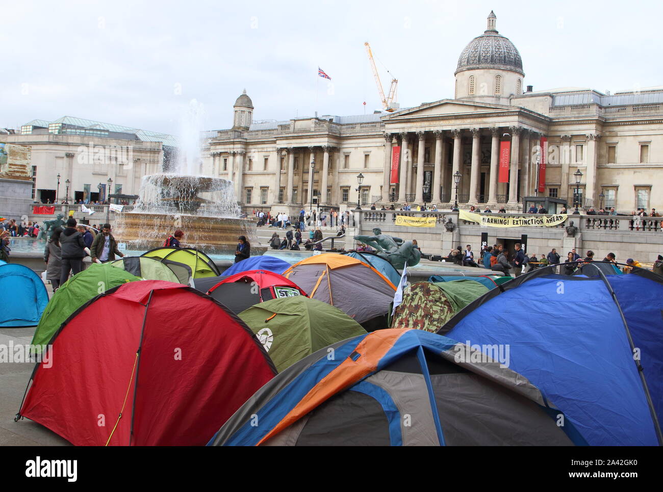 London, UK. 10th Oct, 2019. Protesters and tents during the demonstration.Extinction Rebellion demonstrators protest at the Trafalgar Square and Whitehall to highlight the 'climate emergency' facing the planet. Credit: SOPA Images Limited/Alamy Live News Stock Photo