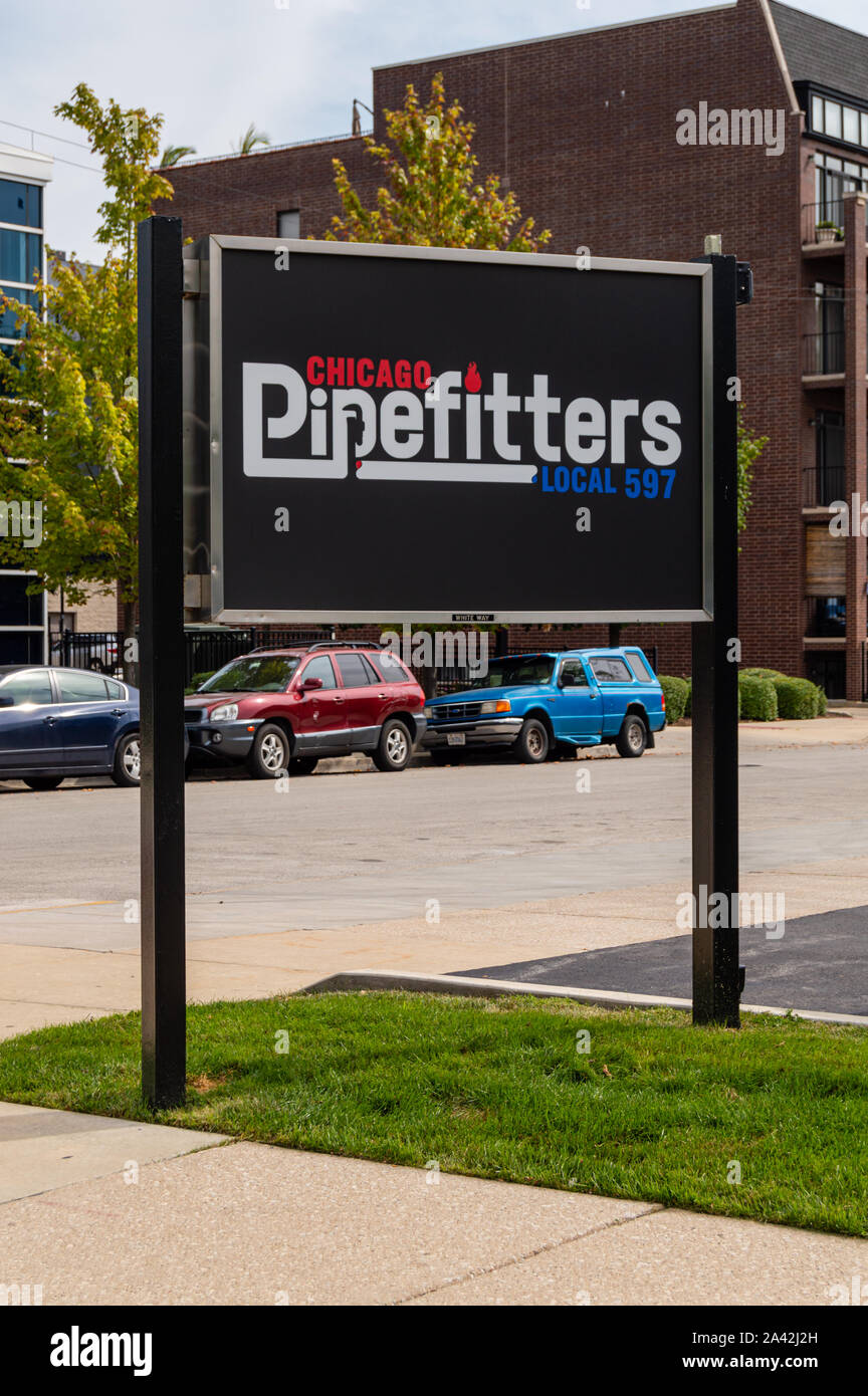 Chicago, Illinois-September 19, 2019: Outdoor sign for Chicago Pipefitters Local 597 union office in the West Loop. Stock Photo