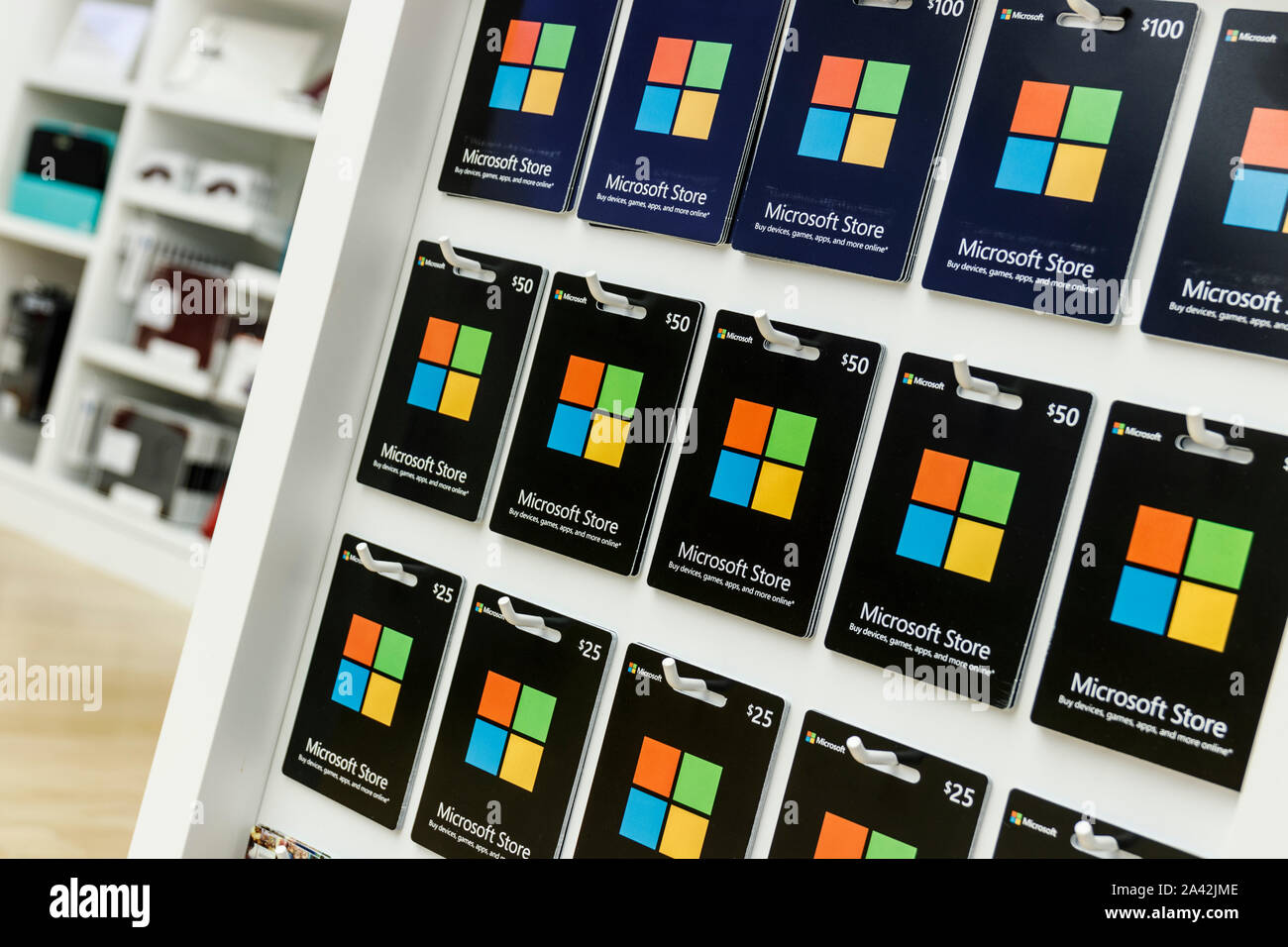 Indianapolis - Circa September 2019: Microsoft Gift Cards. Microsoft develops and manufactures Windows and Surface software Stock Photo