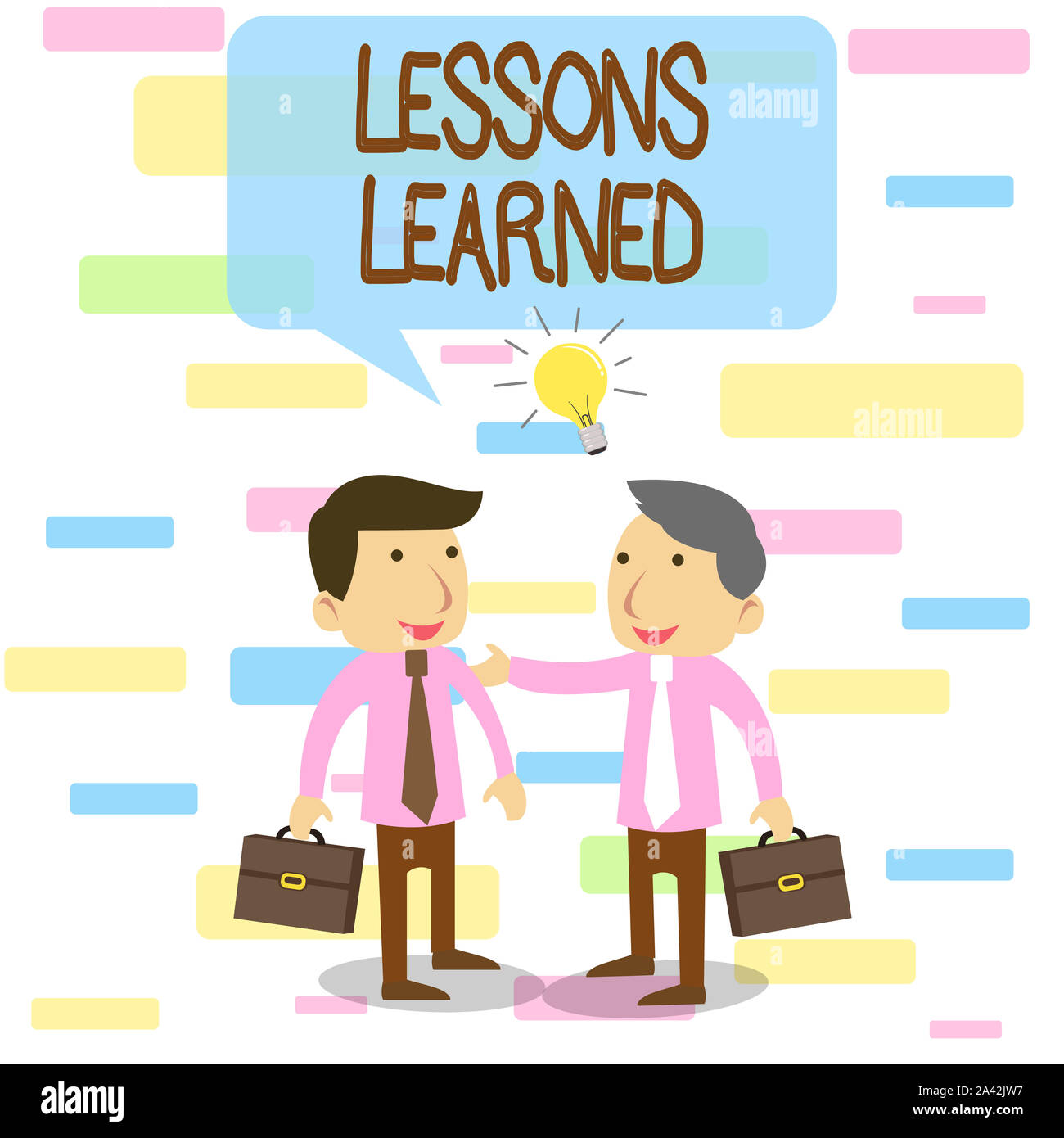 Writing note showing Lessons Learned. Business concept for the knowledge or understanding gained by experience Two White Businessmen Colleagues with B Stock Photo
