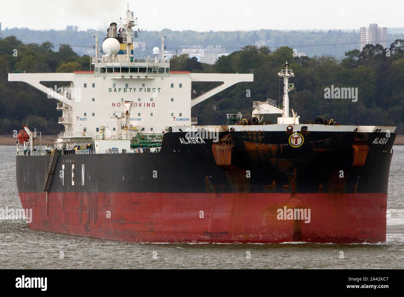 Global warming,climate,change,pollution,spill,slick,Oil Tanker, Alaska,TEN, company,no smoking,fire,risk,explosion,ship,shipping,The Solent,Fawley Stock Photo