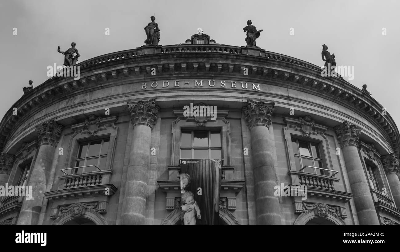 A black and white picture of the main facade of the Bode Museum, in Berlin. Stock Photo