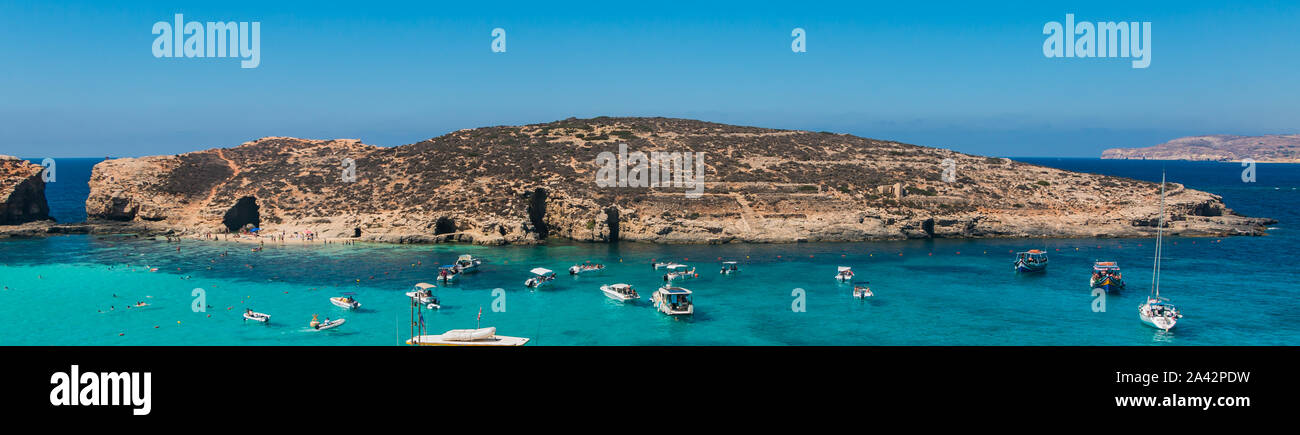 A panorama picture of the Comino Island and the Blue Lagoon, in Malta. Stock Photo