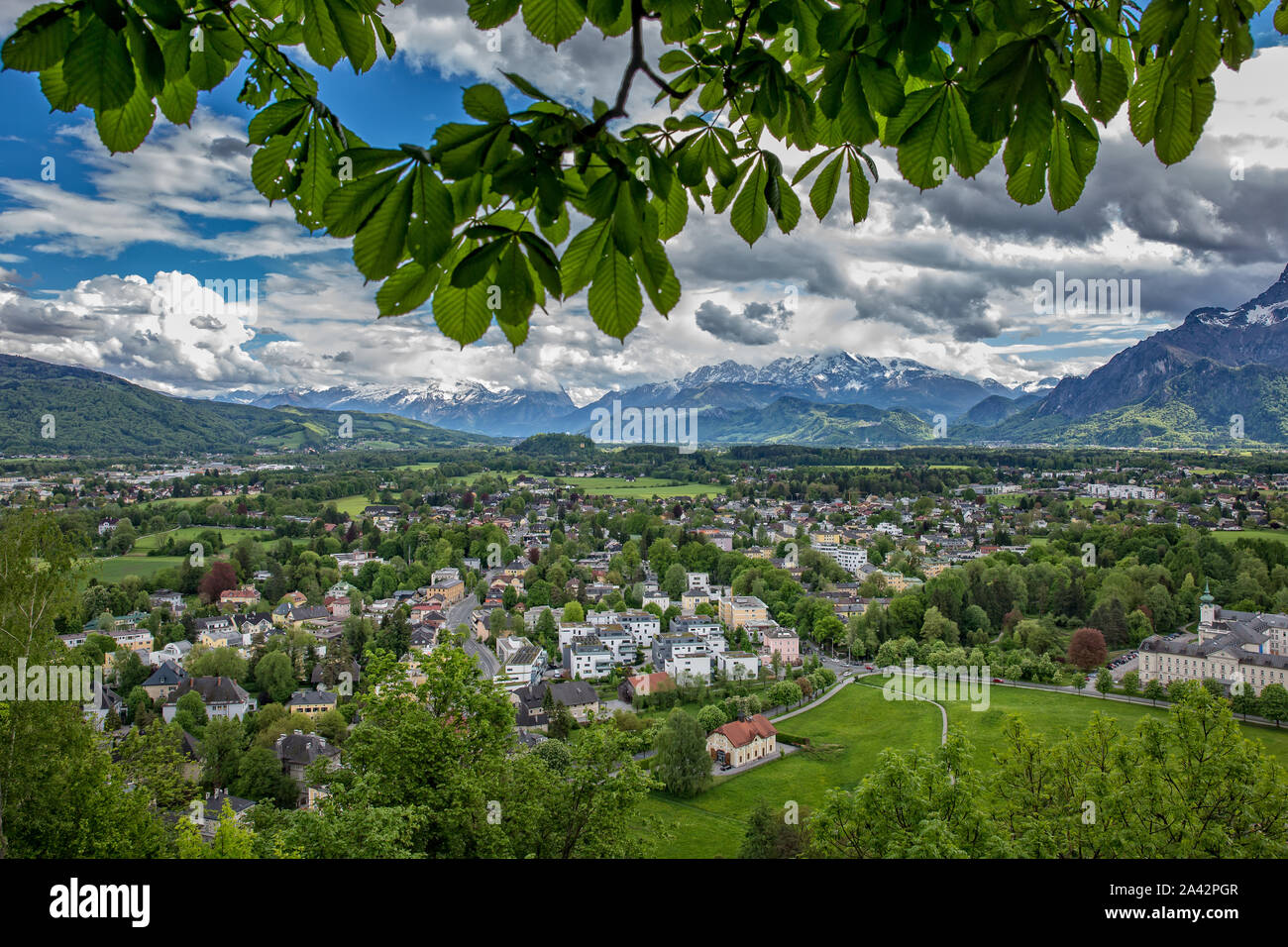 View from the fortress Hohensalzburg to the south side of Salzburg, showing the Nonntal and mountains of Hallein and Berchtesgaden in Austria, Germany Stock Photo