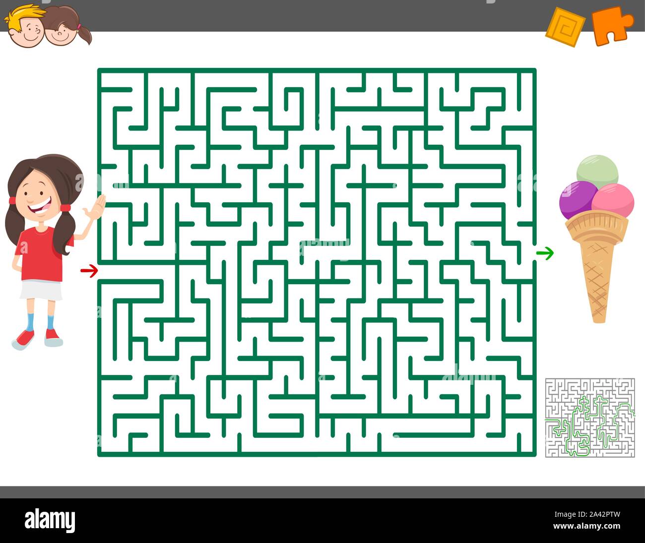 Cartoon Illustration of Educational Maze Activity Game for Children