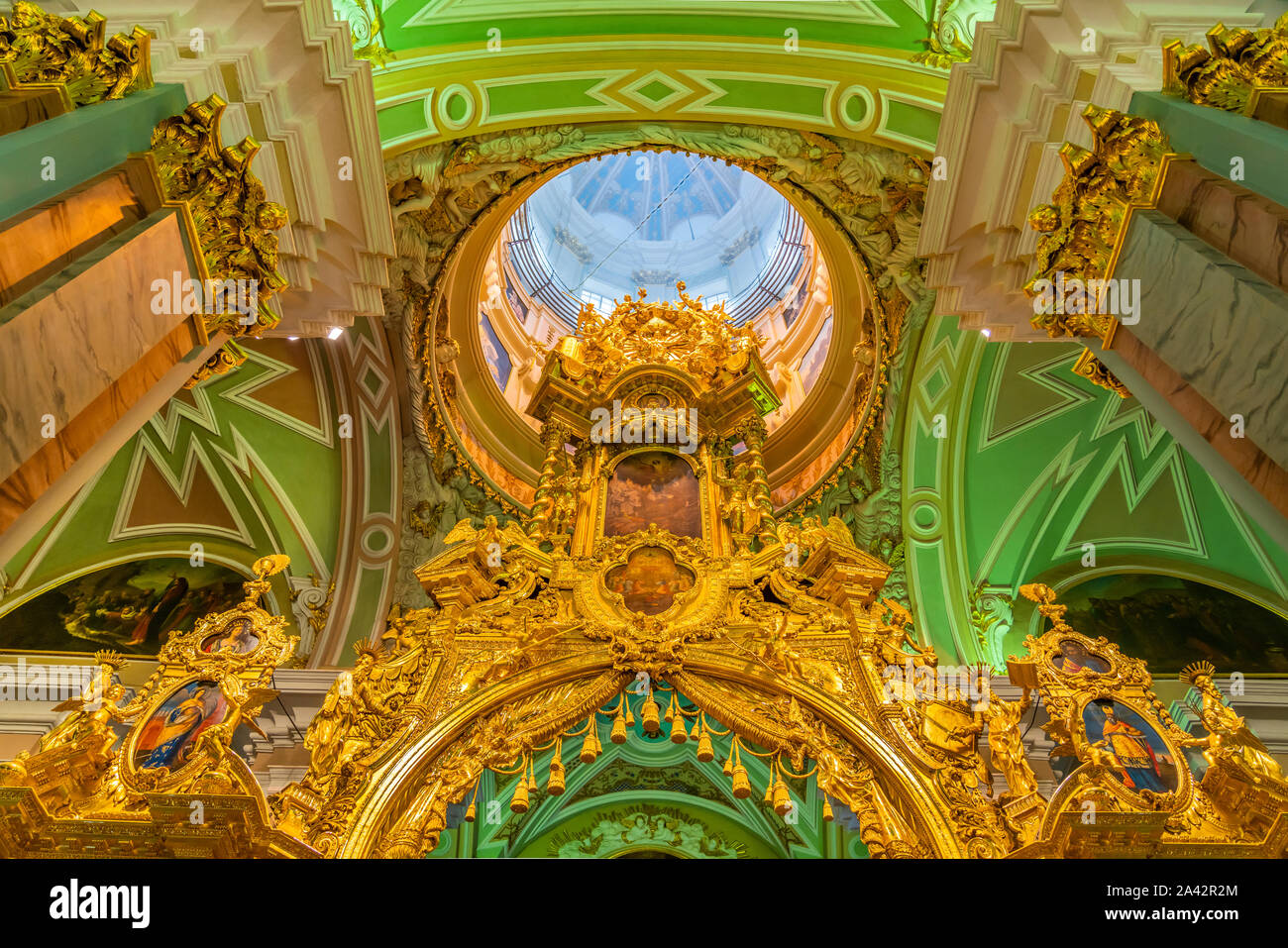 The interior of the Peter and Paul Cathedral, a Russian Orthodox cathedral located inside the Peter and Paul Fortress in St. Petersburg, Russia. Stock Photo