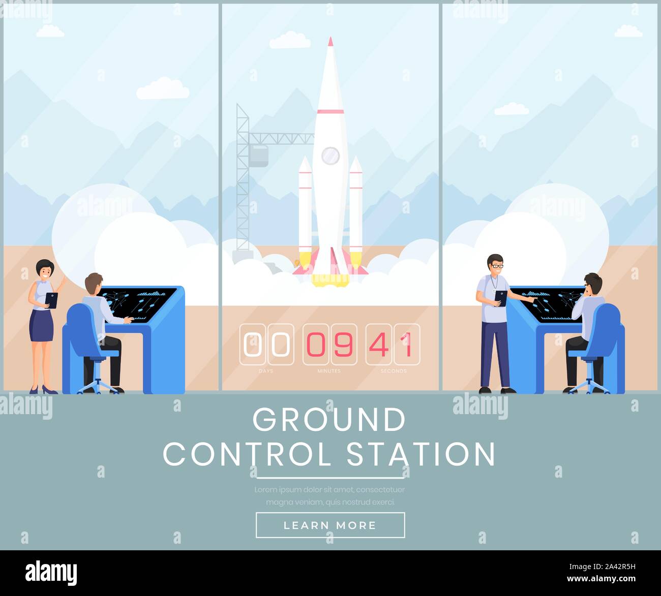Ground control station web banner template. Rocket science, space