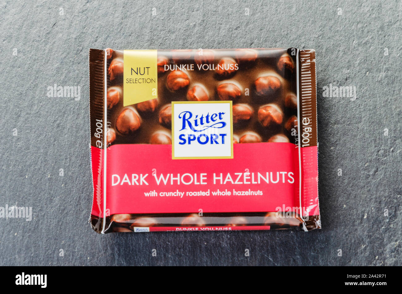 Ritter Sport chocolate bar isolated on stone slate background Stock