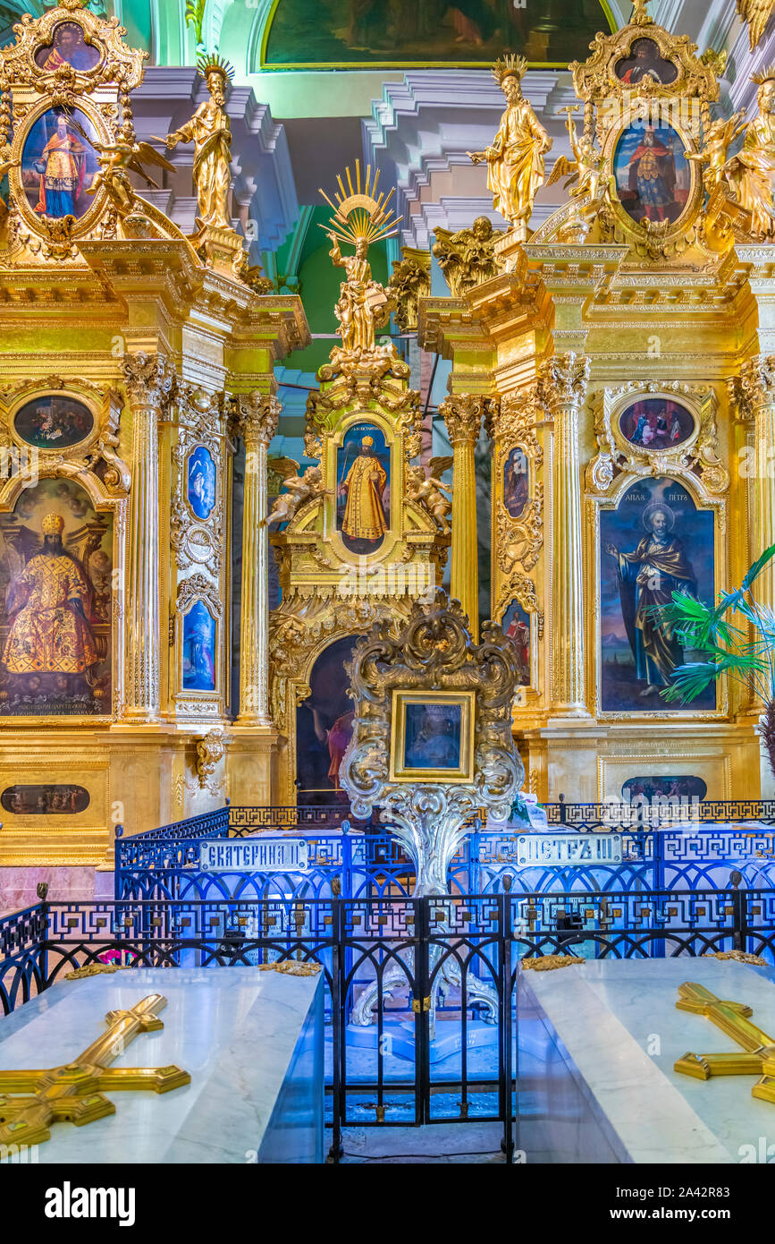 The interior of the Peter and Paul Cathedral, a Russian Orthodox cathedral located inside the Peter and Paul Fortress in St. Petersburg, Russia. Stock Photo
