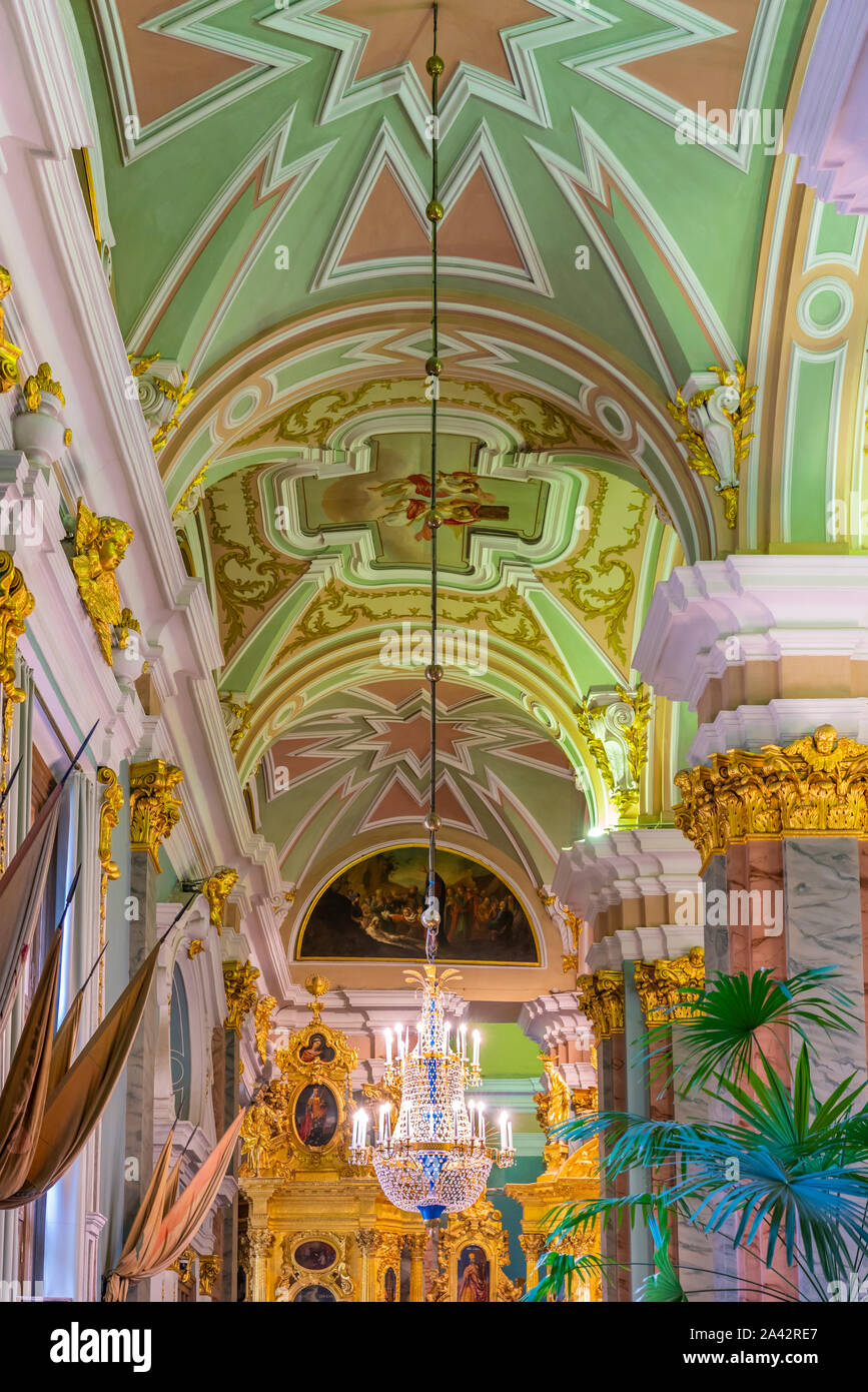 The interior of the Peter and Paul Cathedral, a Russian Orthodox cathedral located inside the Peter and Paul Fortress in St. Petersburg, Russia. Stock Photo