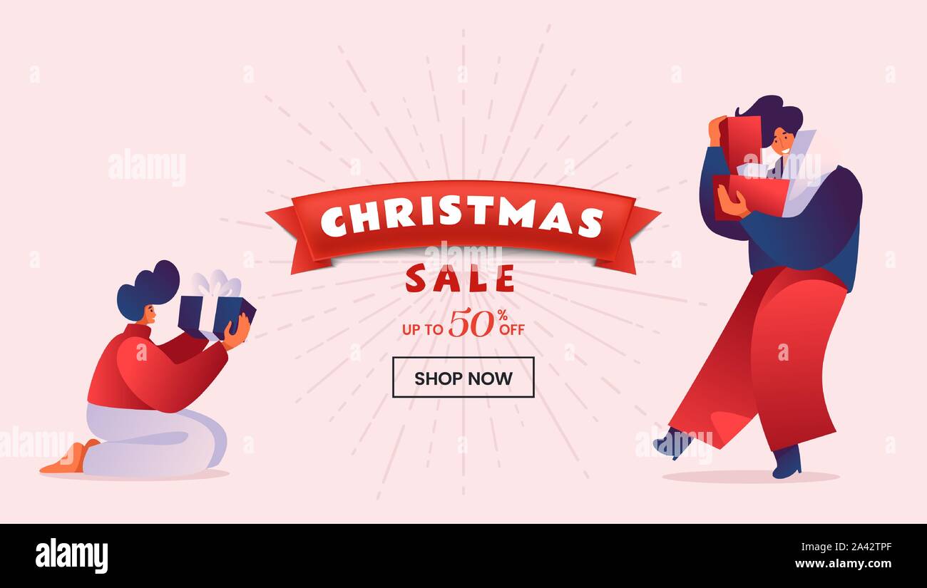 Christmas discount flat landing page template. People holding wrapped gift boxes. Winter
