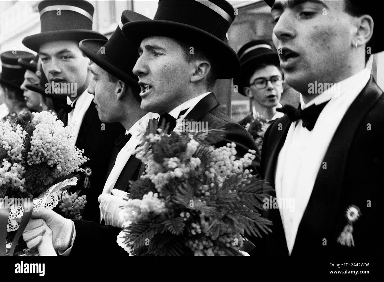 Archives 90ies: Conscripts march to celebrate 'la Vague' - the Wave, in Villefranche-sur-Saône, Rhone, France Stock Photo