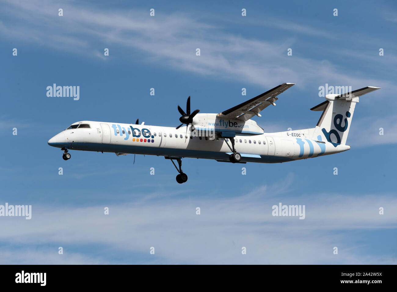 Dash 8 - MSN 4197 - G-ECOC Airline Flybe coming down to land at London Heathrow Airport in the United Kingdom Stock Photo