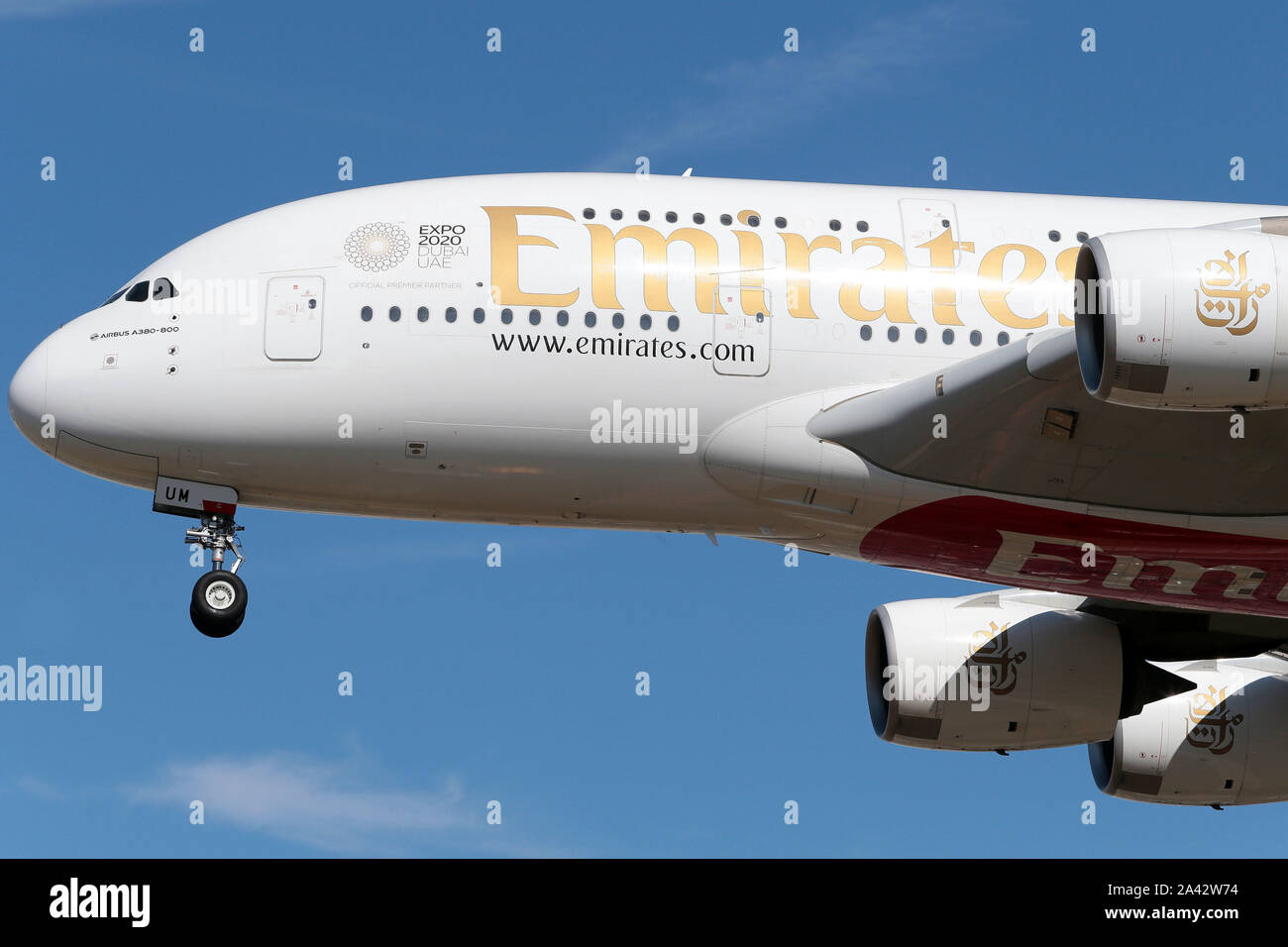 Emirates Airbus A380-800 double decker plane coming down to land at London  Heathrow Airport in the United Kingdom Stock Photo - Alamy