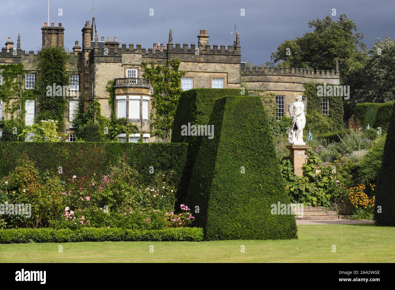 Yew topiary hedges (Taxus baccata) framing lawns and borders at Renishaw Hall and Gardens, Eckington, Derbyshire, UK. September Stock Photo