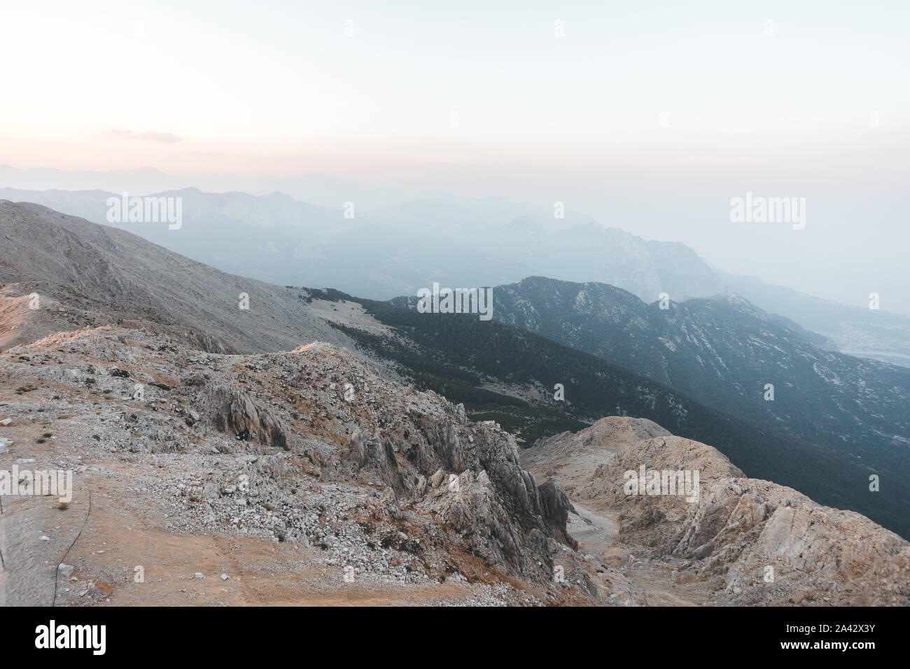 View of the rocky mountains from the top of Tahtali mountain in Turkey