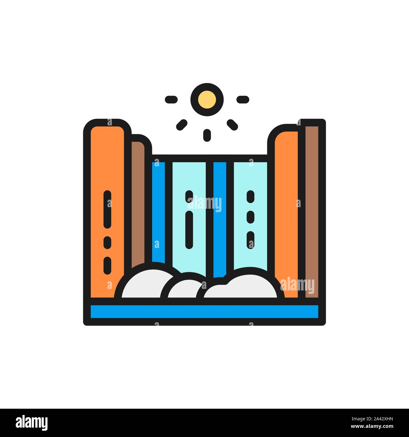Waterfall with mountain landscape flat color line icon. Stock Vector