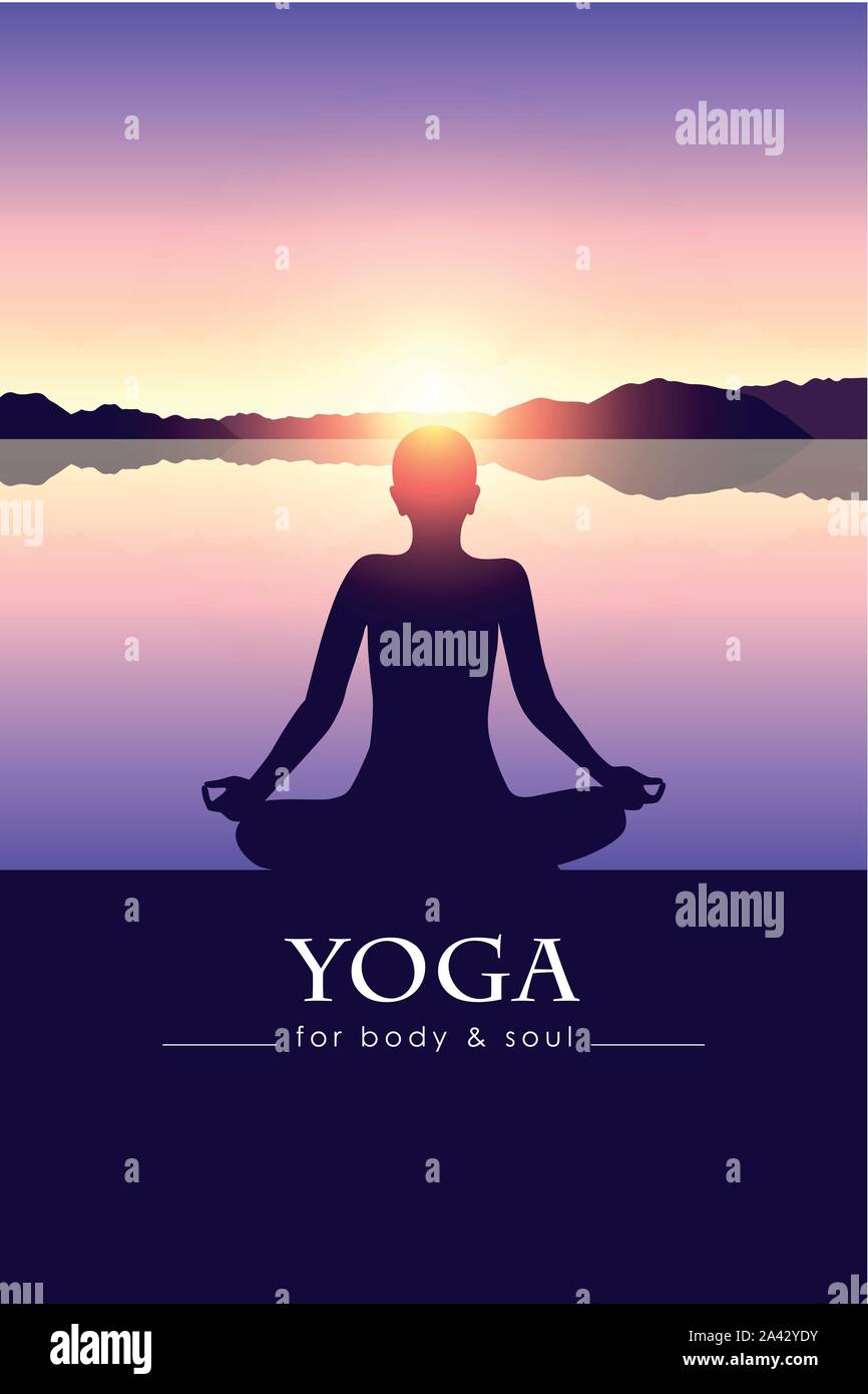 yoga for body and soul meditating person silhouette by the lake with mountain landscape vector illustration EPS10 Stock Vector