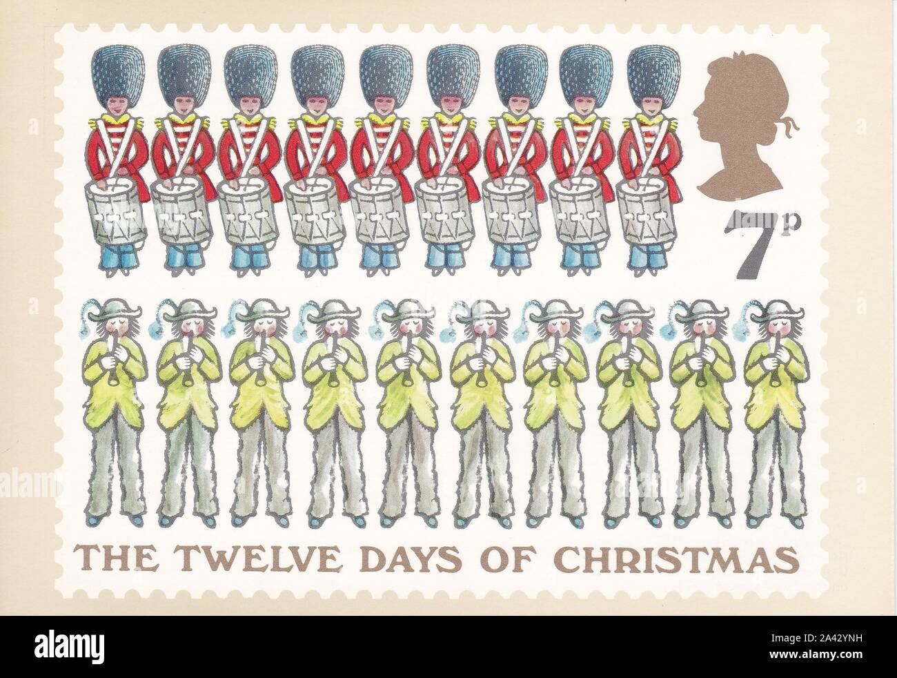 Colour Royal Mail postcard of 7p stamp Nine Drummers Drumming, Ten