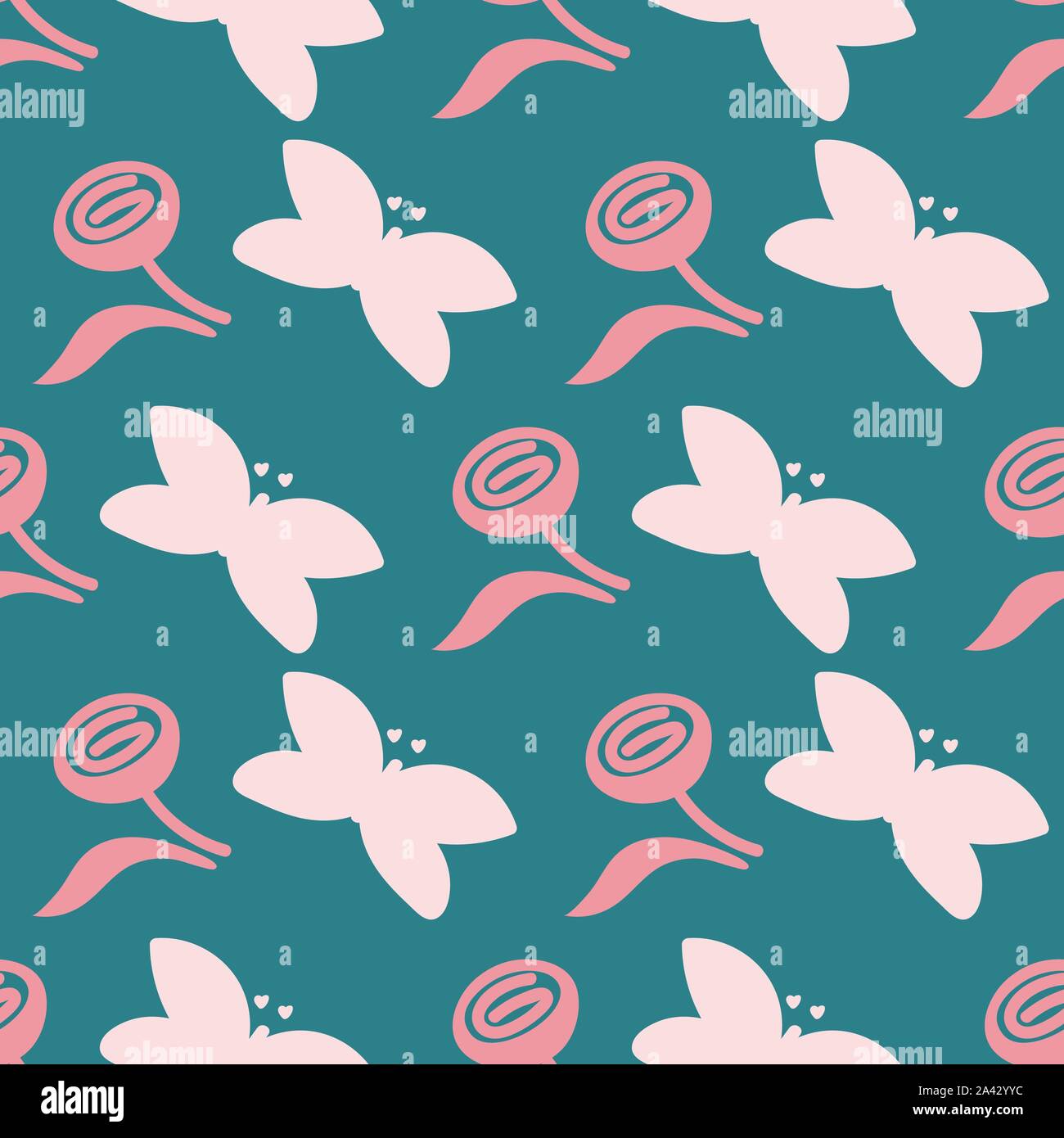 seamless vector pattern with simple butterflies and roses on a teal background Stock Vector