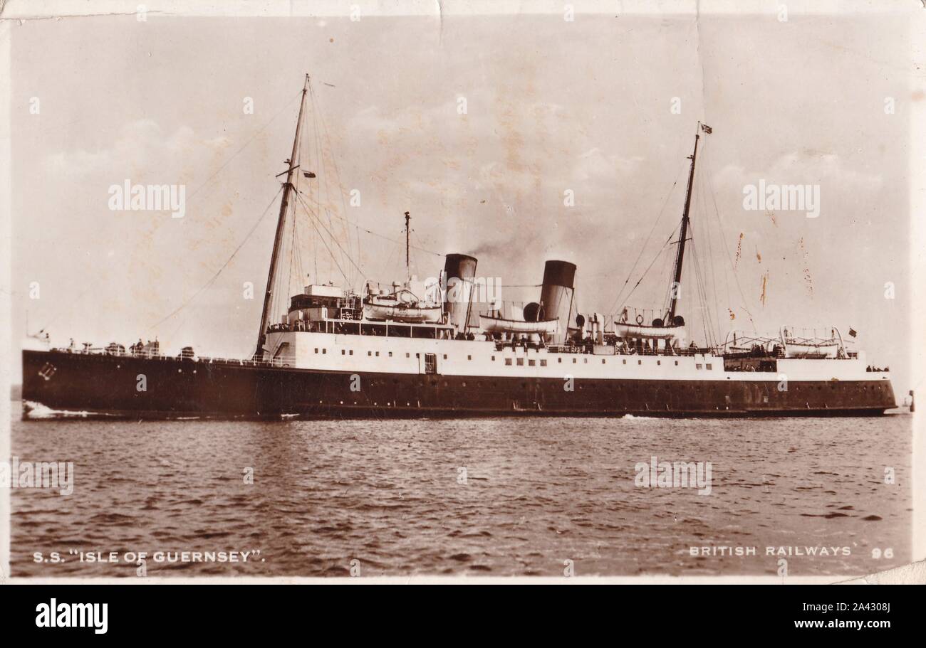 Vintage black and white postcard of British Railways Ship - Isle of Guernsey 1950s. Stock Photo
