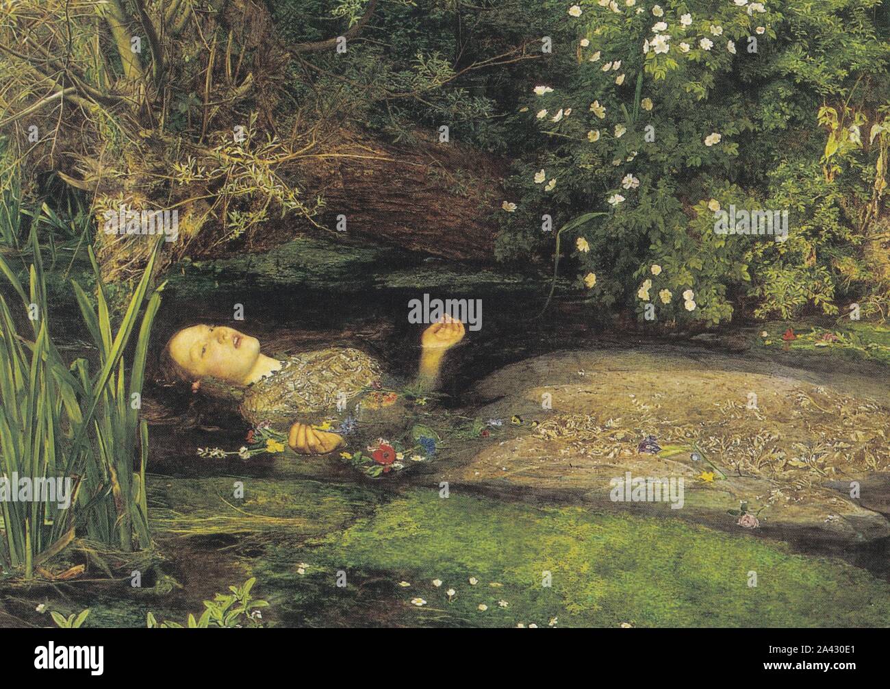 Postcard of 'Ophelia (detail) 1851 - 1852 by Sir John Everett Millais -Royal Academy of Arts. Character from William Shakespeare's play Hamlet. Stock Photo